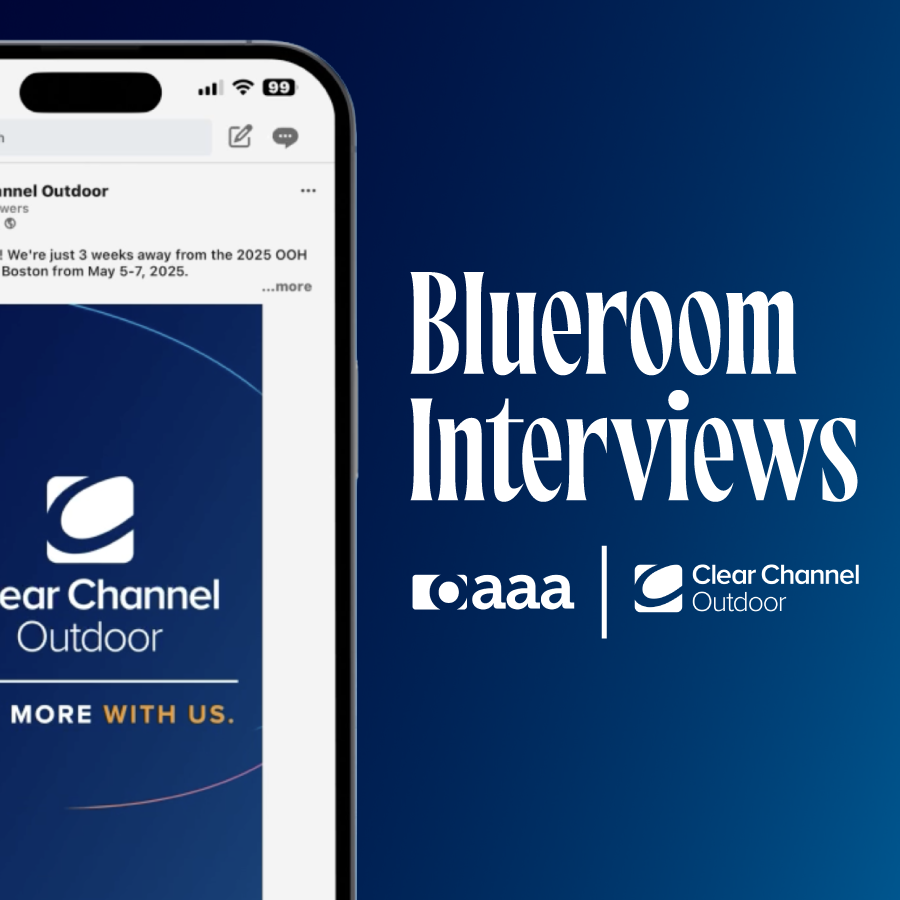 Promotional graphic for Blueroom Interviews featuring Clear Channel Outdoor branding, with text and partial view of a mobile device screen showing an outdoor advertising campaign.