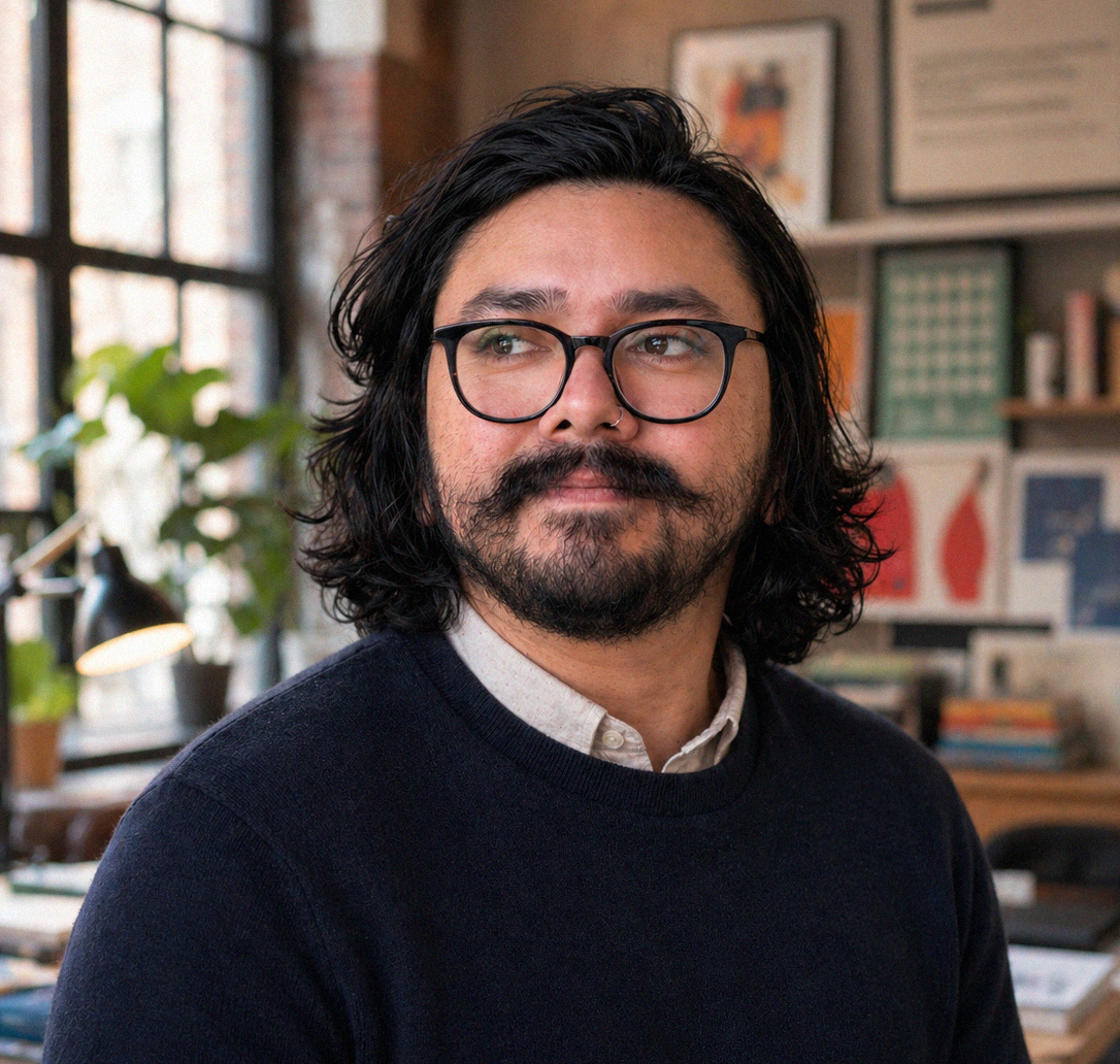 A man with shoulder-length black hair, glasses, and a beard, wearing a dark sweater over a collared shirt, standing in an office with large windows and bookshelves in the background.