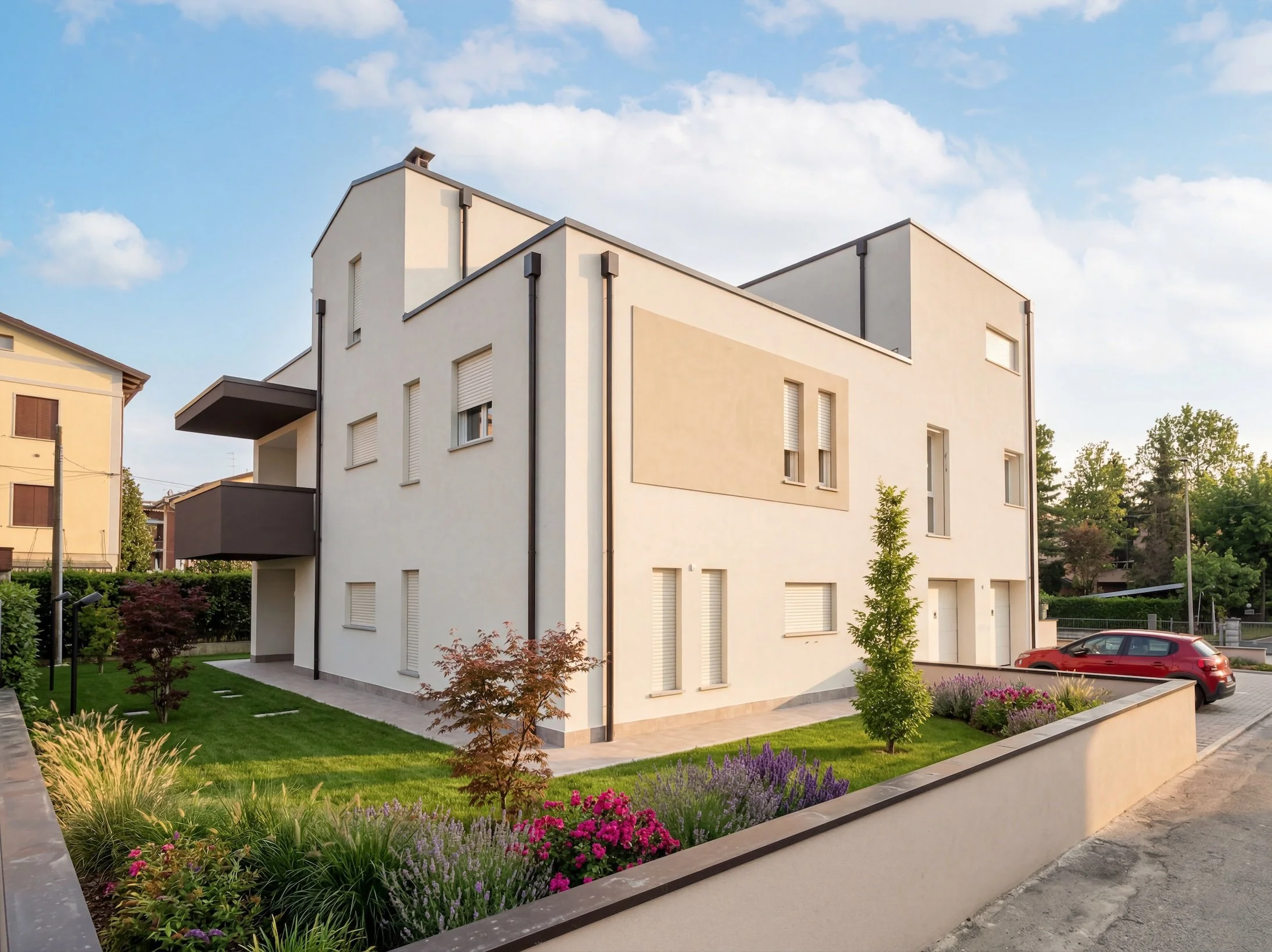 Edificio moderno con pareti bianche e grandi finestre, circondato da un giardino con alberi, fiori colorati e un prato ben curato.