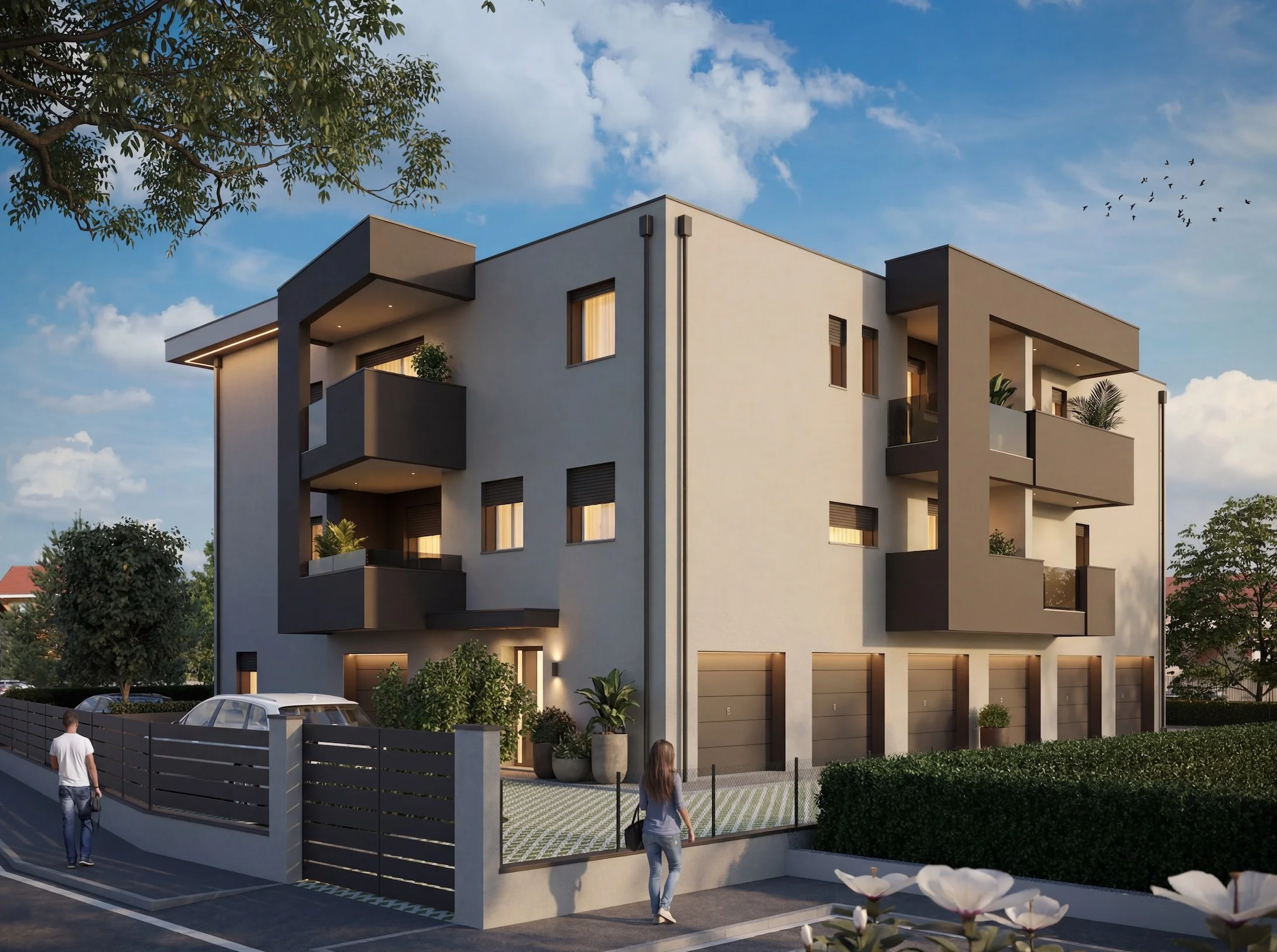 Immagine di un edificio moderno con balconi e grandi finestre, al tramonto, con un cielo azzurro e nuvole, circondato da alberi e persone che camminano. render 3D progettazione Modena