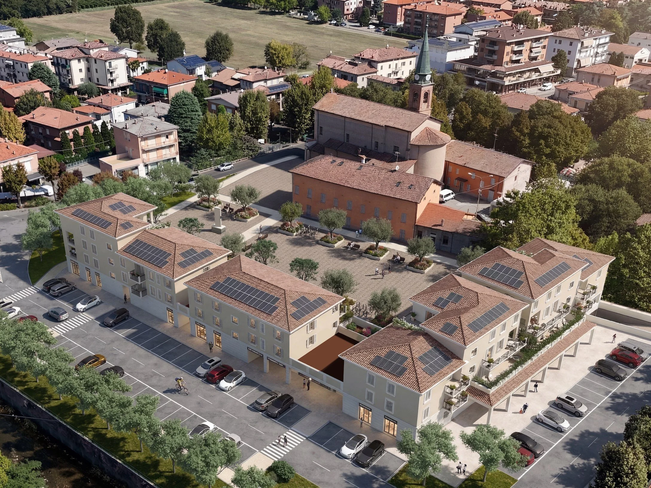 Veduta aerea di un quartiere residenziale con edifici di varie altezze e colori, molte case con tetti di tegole, alcune dotate di pannelli solari. render 3D progettazione Modena Magreta piazza Kennedy