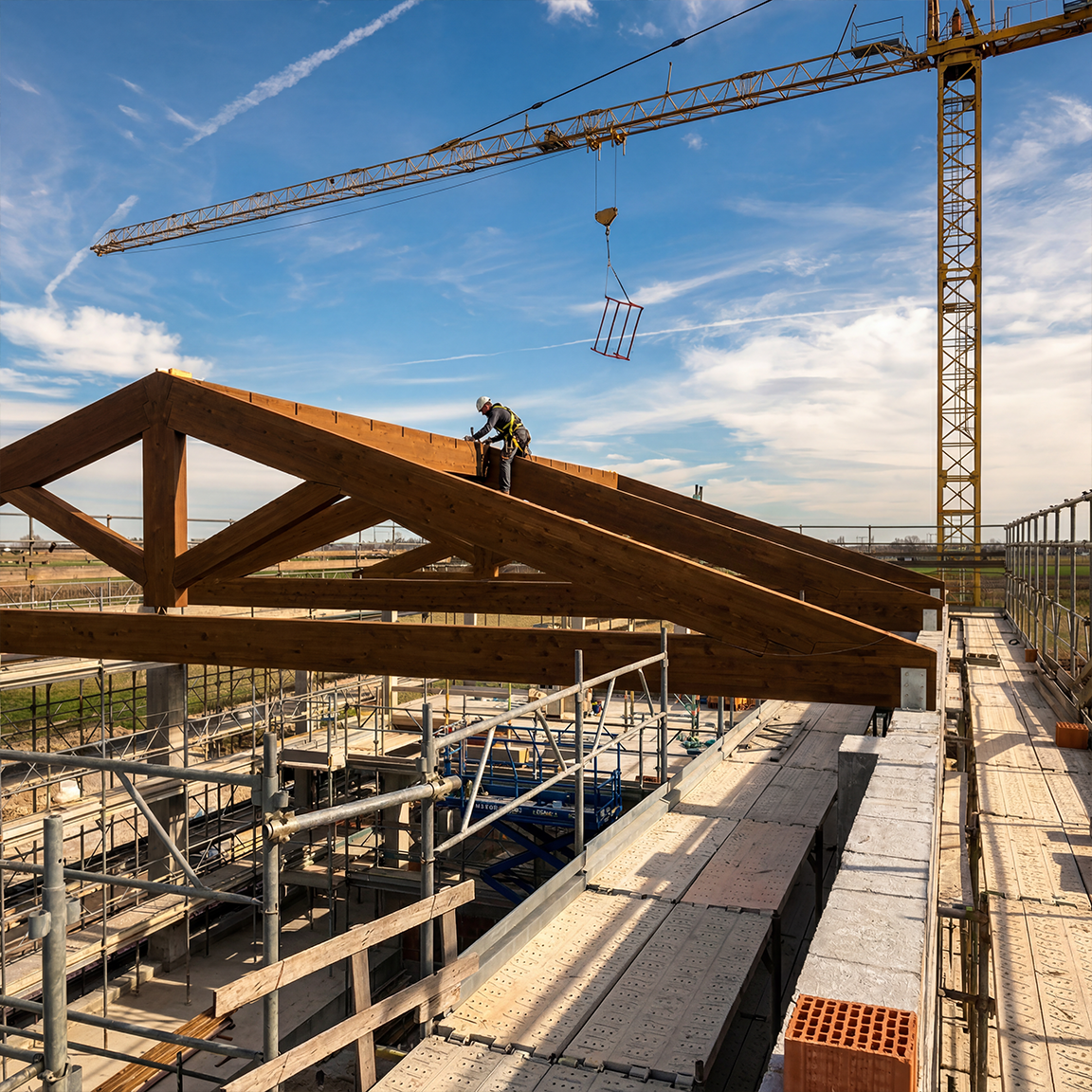 Operaio che lavora sulla struttura in legno di un edificio in costruzione con gru in alto, cielo sereno e scaffali di supporto sul cantiere.