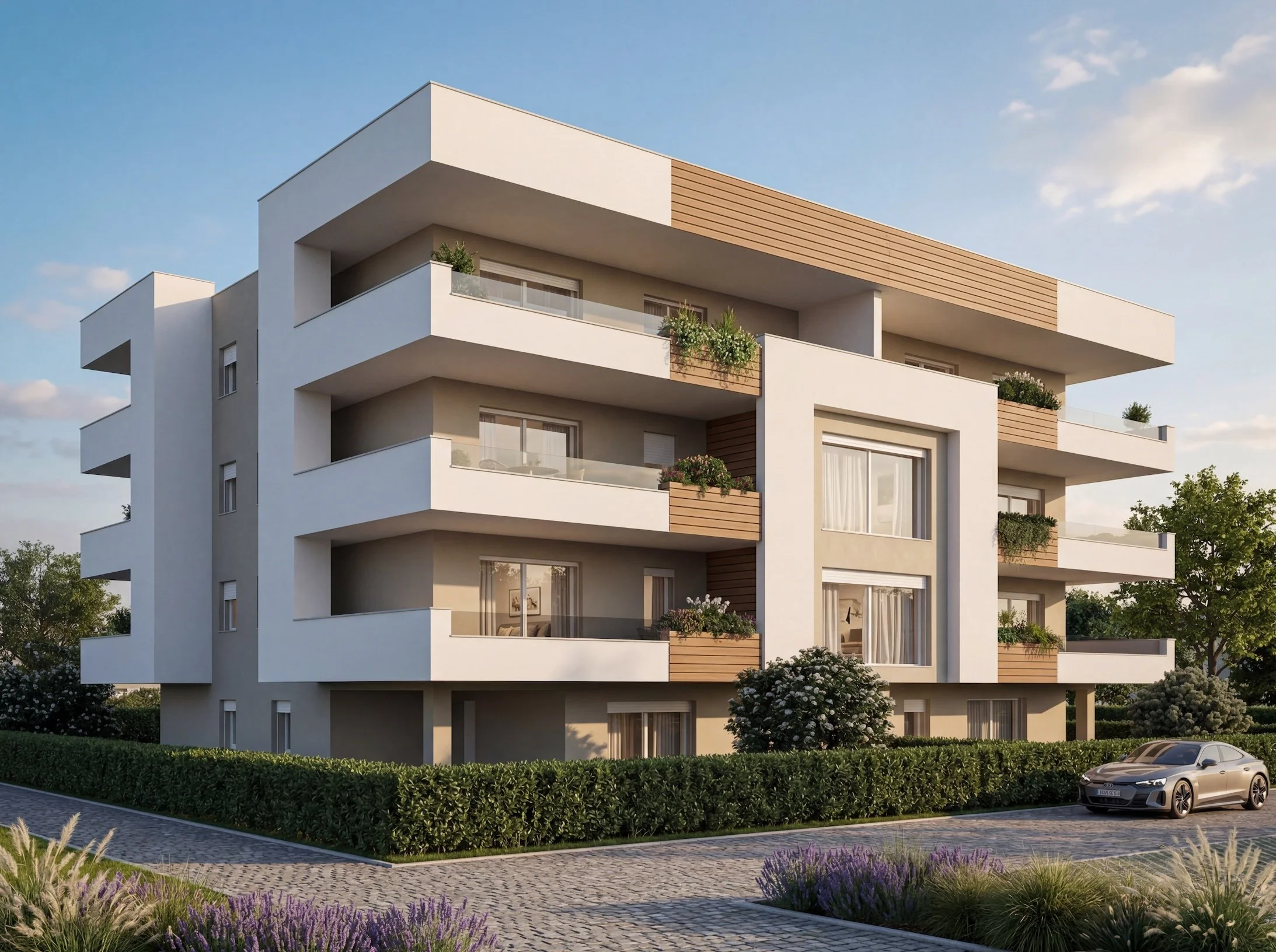 Edificio moderno con balconi e piante, auto parcheggiate nel cortile, vegetazione lussureggiante e un cielo sereno. render 3D progettazione