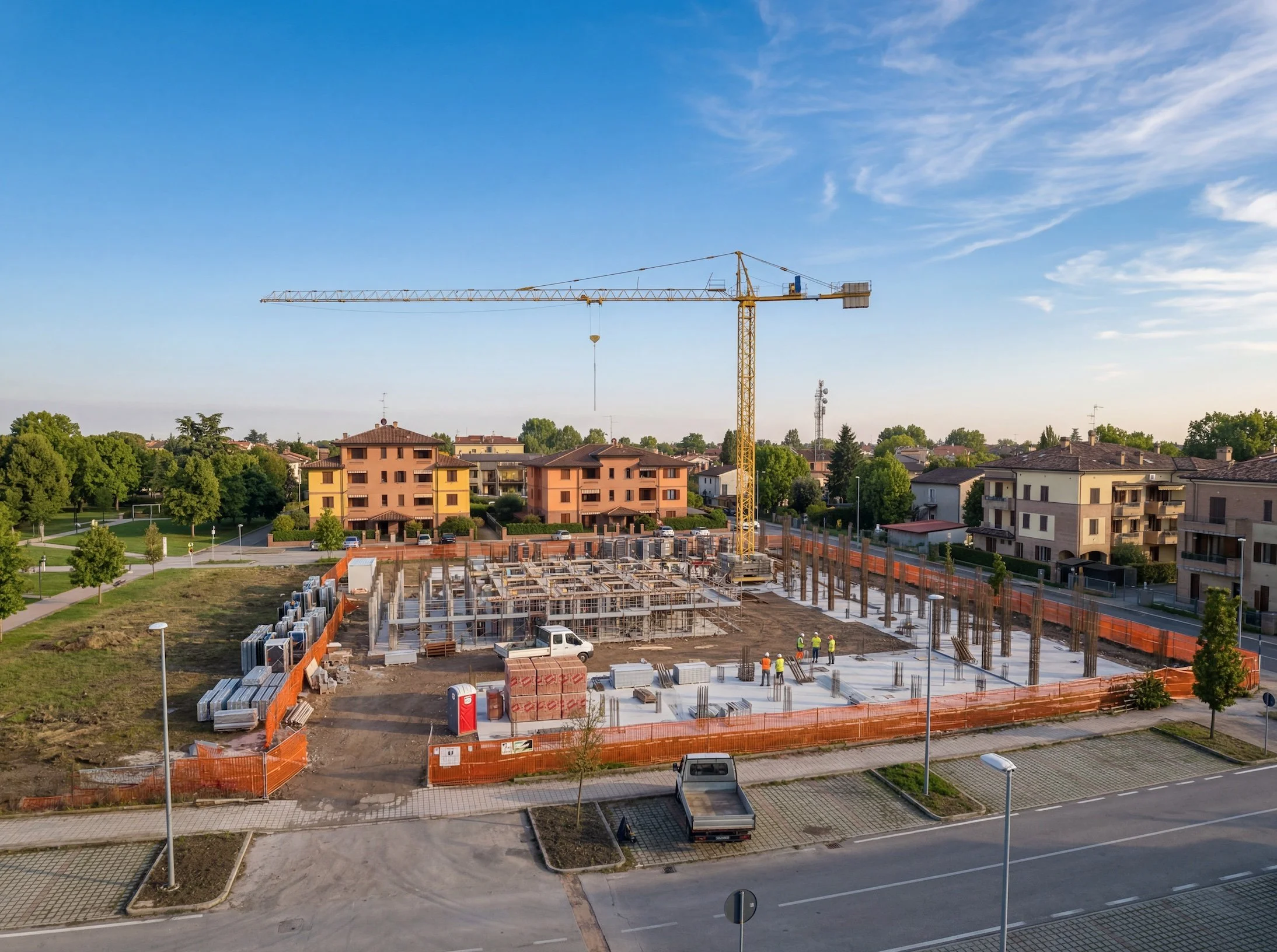 Cantiere edile con gru gialla, padiglioni di case residenziali e alberi lungo la strada, costruzioni residenziali