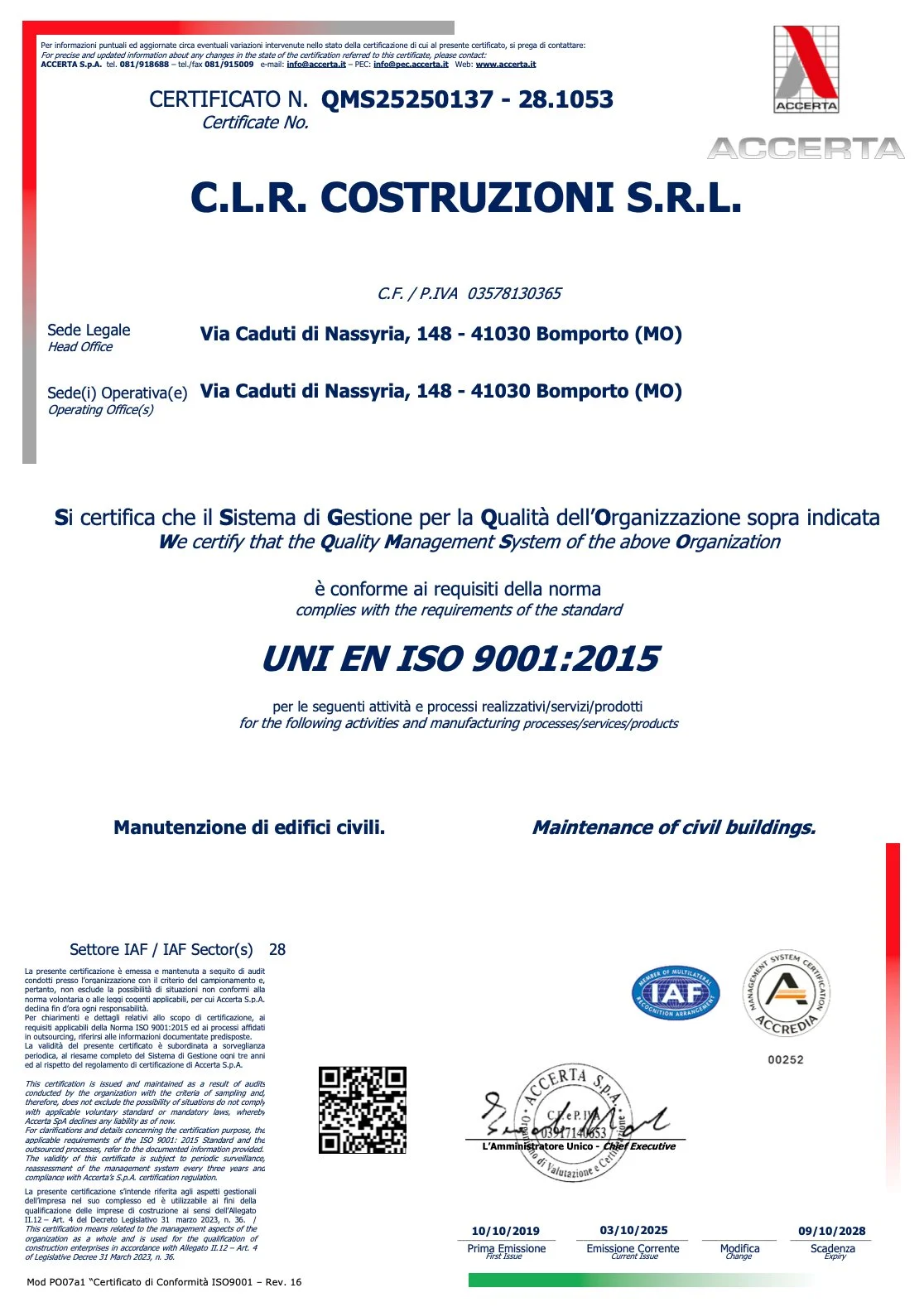 Certificato di conformità ISO 9001:2015 emesso a C.L.R. Costruzioni S.R.L., con dettagli aziendali e loghi di accreditamento.
