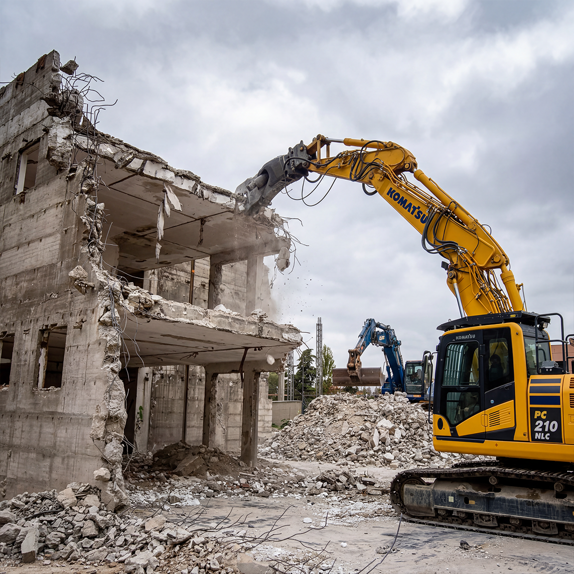 Un escavatore giallo sta demolendo un edificio con le pareti di cemento e le parti superiori di alcuni pavimenti. L'edificio è in fase di demolizione e ci sono gravi cumuli di detriti sul terreno.