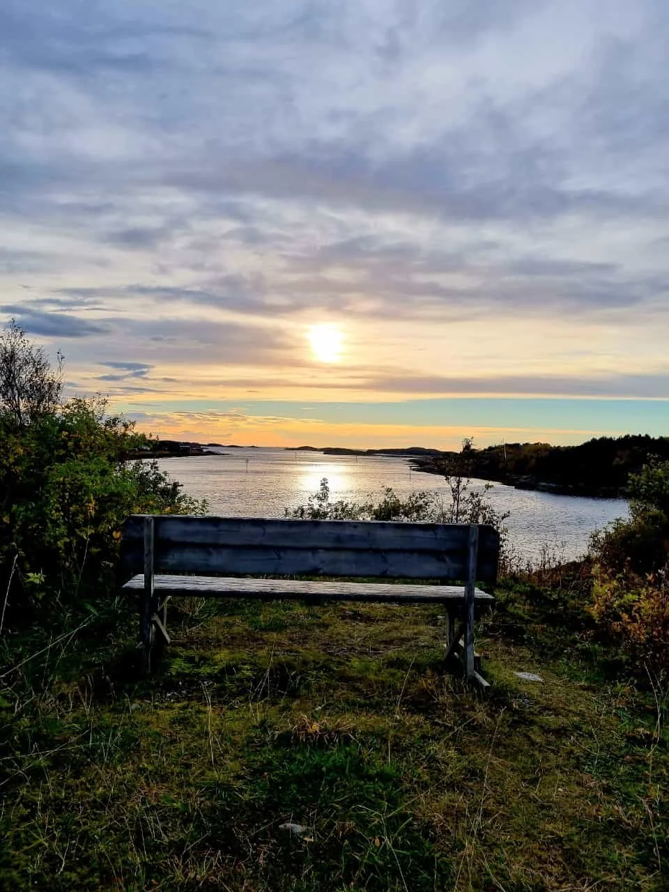 Eine Bank vor einem Fluss bei Sonnenuntergang, umgeben von Natur mit Büschen und Bäumen, wolkenbedeckter Himmel.