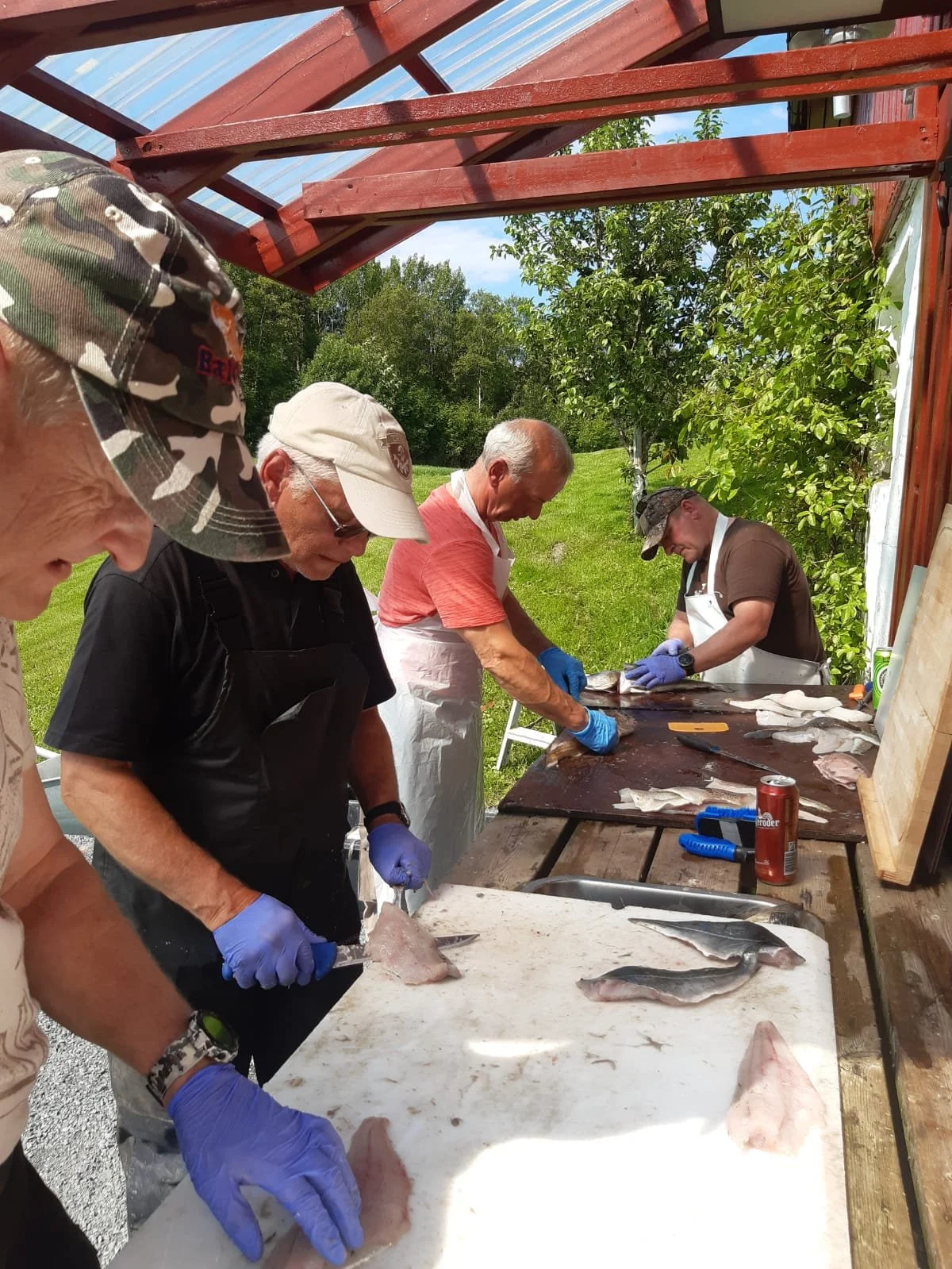 Vier Menschen bereiten Fisch in einem Außenbereich mit Holzarbeitstisch und Küchenutensilien vor, bei schönem Wetter und grüner Umgebung.