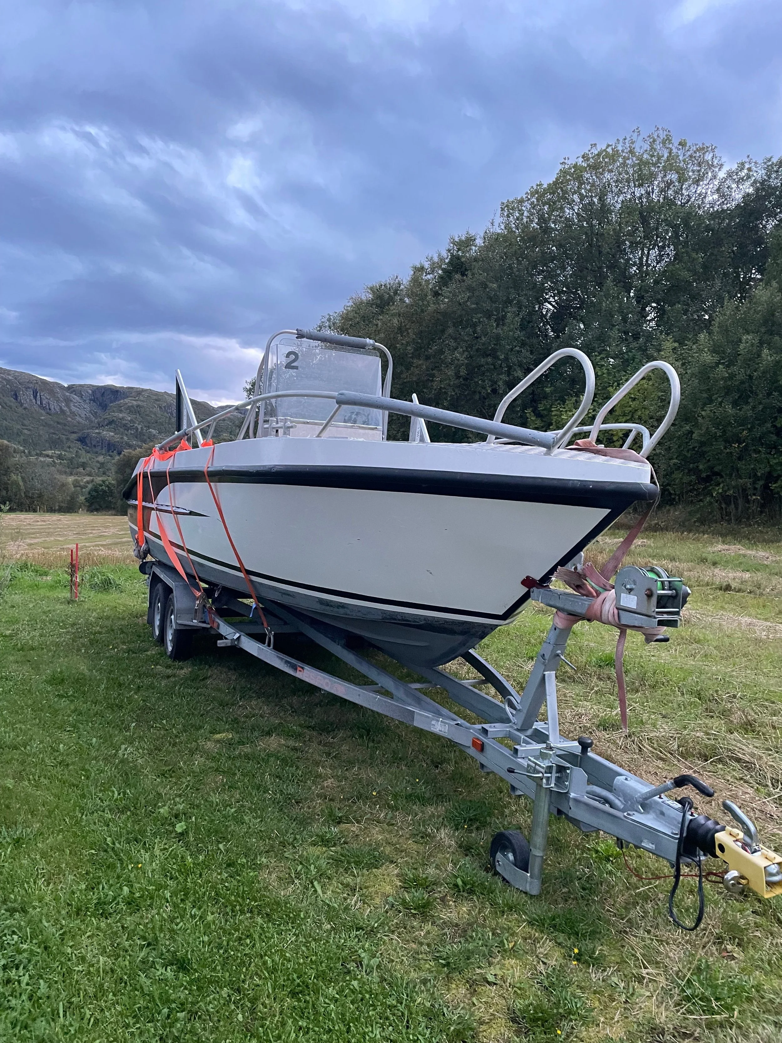 Ein weißes Boot auf einem Anhänger, bereit zum Transport, auf einer grasbewachsenen Wiese mit Bäumen und Bergen im Hintergrund