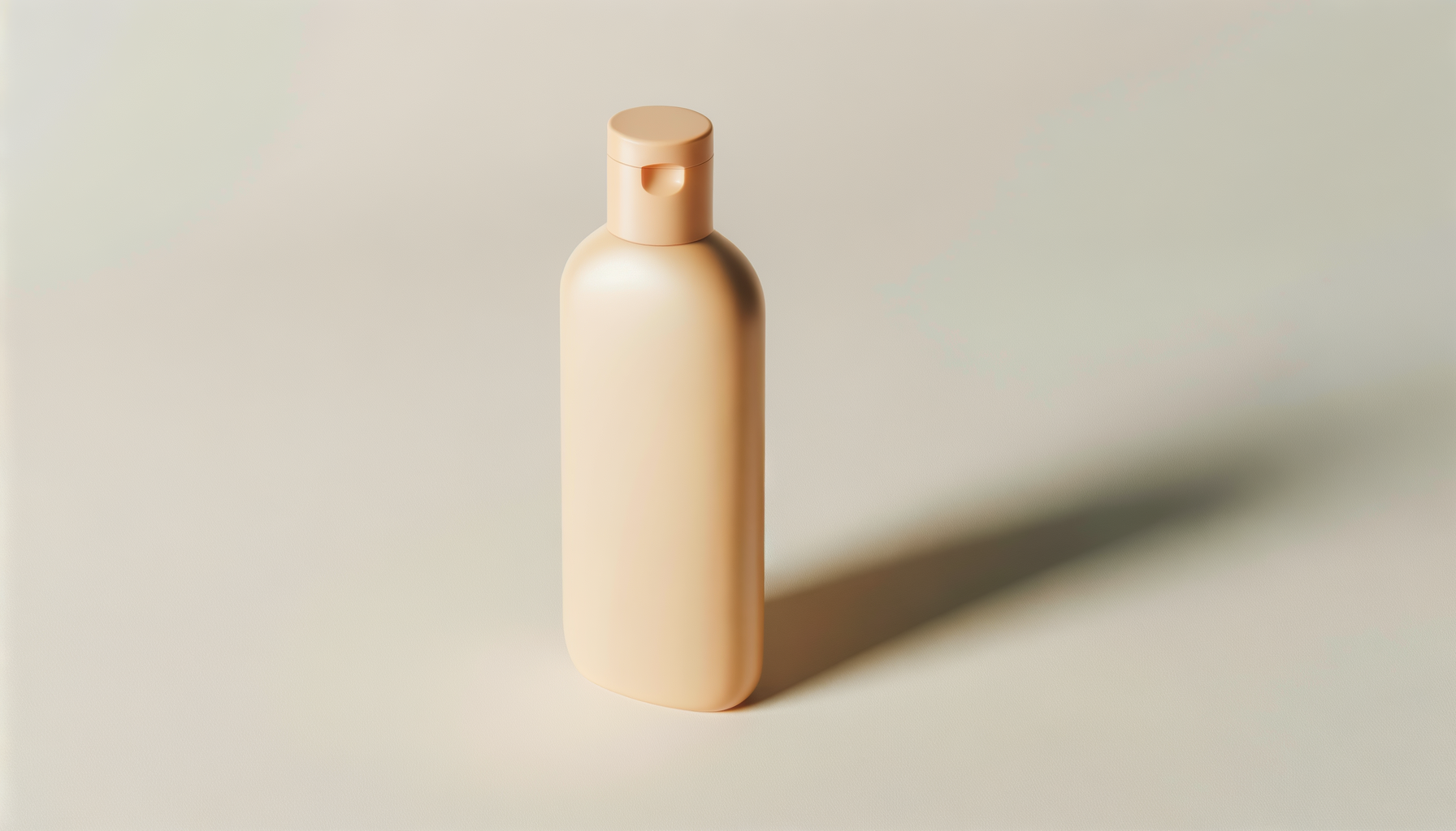 A beige plastic bottle with a flip-top cap casting a shadow on a plain light-colored background.