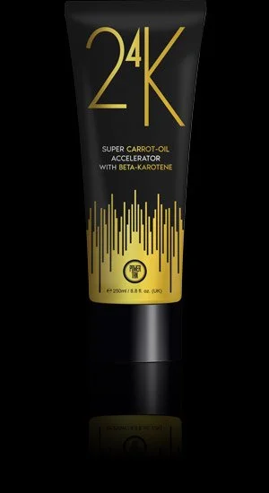 A black tube of 24K Super Carrot-Oil with Beta-Karotene, labeled as an accelerator, 250ml