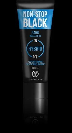 Black tube of tanning gel labeled 'Non-Stop Black' with blue and white text, indicating 24-hour accelerator, hybrid tanning, DHA free, and 250ml size.