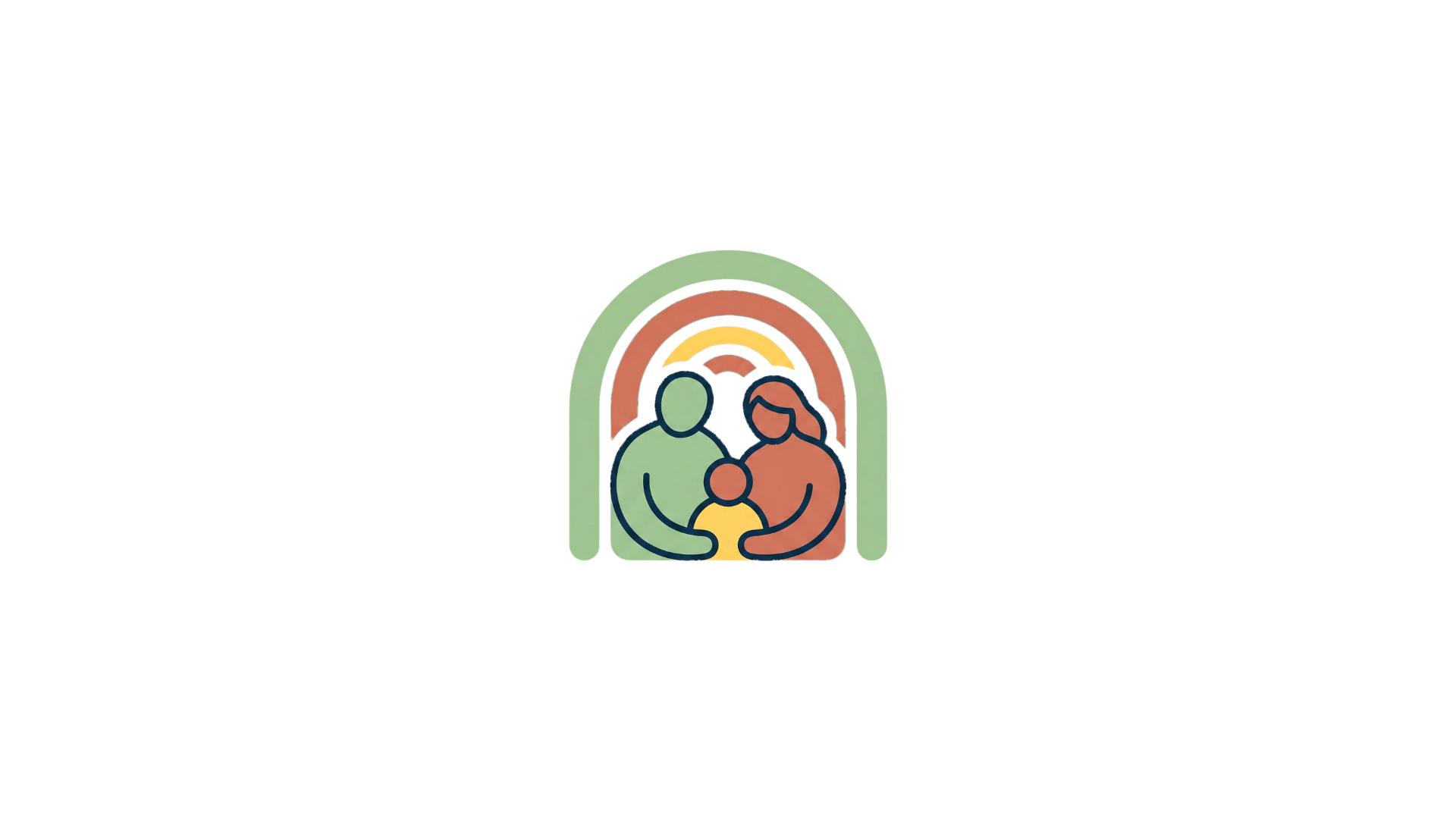 Illustration of a family with two adults and two children inside a rainbow-shaped outline, symbolizing family or community support.