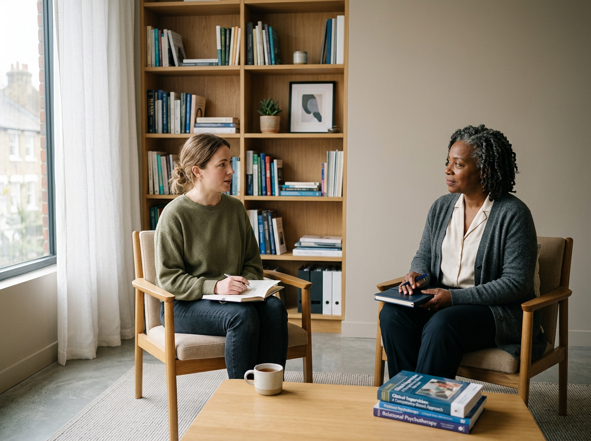 A woman with brown hair in a ponytail taking notes talks to an older woman with gray, curly hair in a therapy session in a cozy room with a bookshelf and large window.