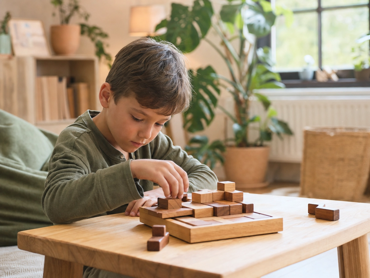 A young boy playing a wooden block game at a table in a cozy room.