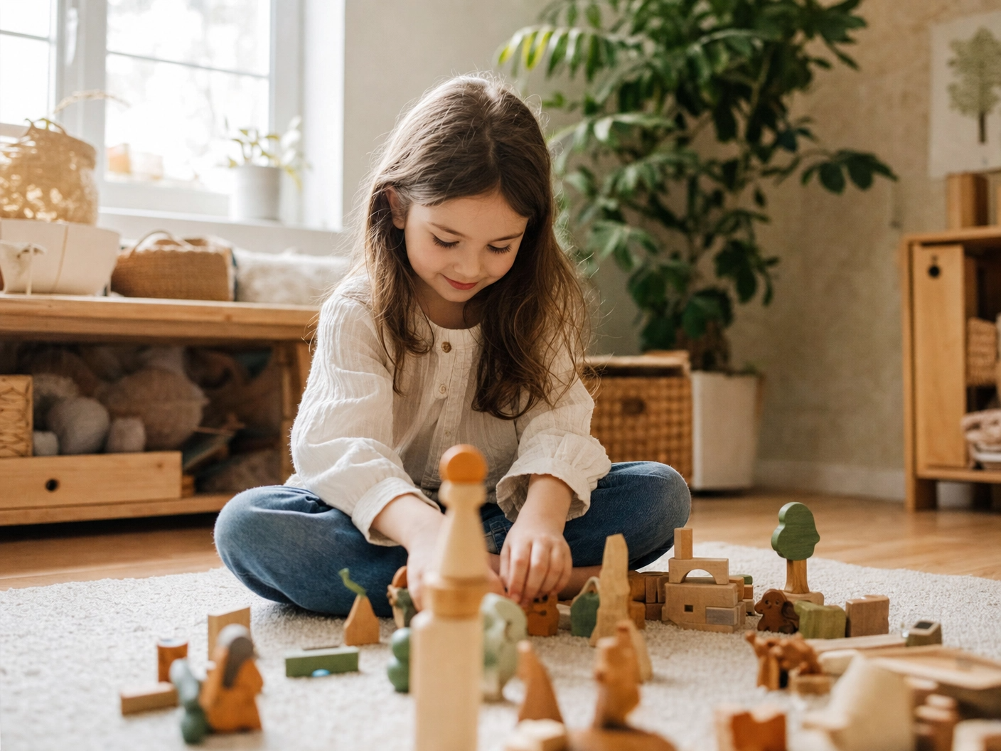 A young girl sitting cross-legged on a carpet, playing with wooden toys in a well-lit room with shelves, plants, and natural decor.