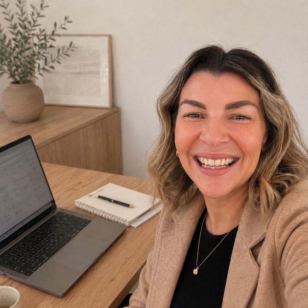 A woman smiling and taking a selfie in a home office. There is a laptop, a notebook with a pen, and a mug on the wooden desk, with a vase and framed artwork in the background.