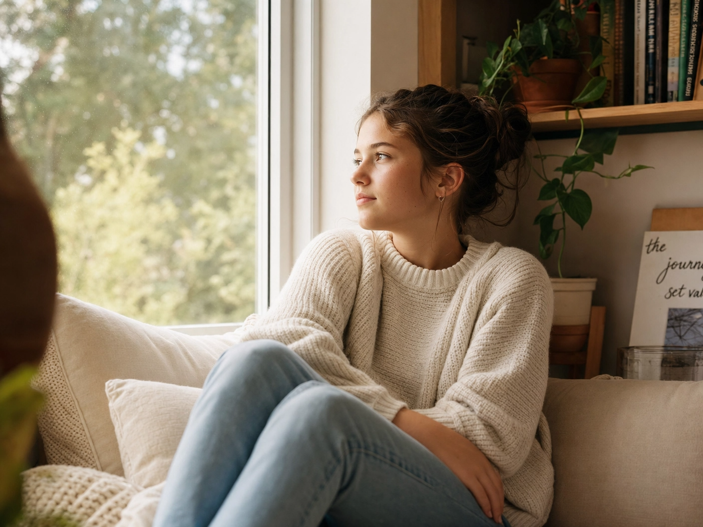 A young woman sitting on a beige couch by a window, looking outside thoughtfully, wearing a cream knit sweater and light blue jeans, with indoor plants and books in the background.