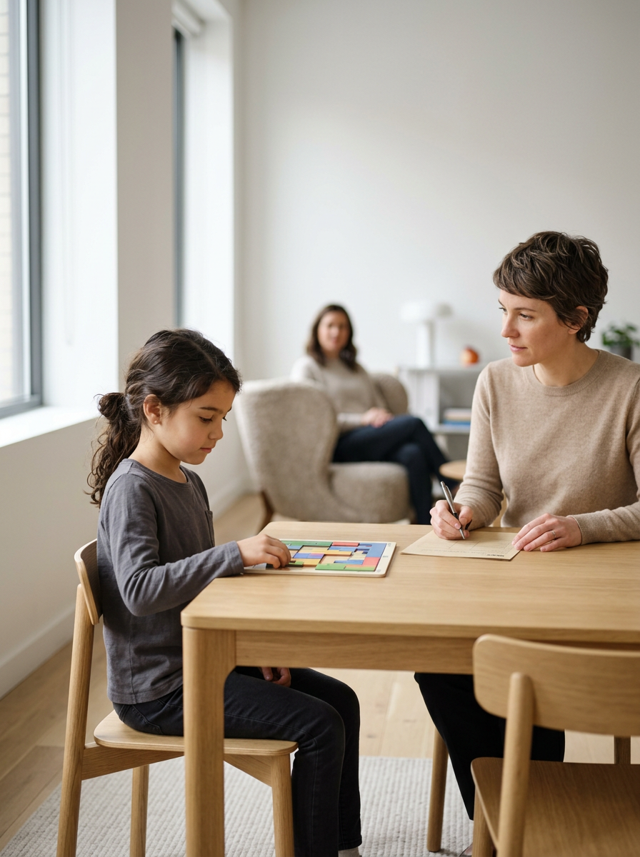 A young girl sitting at a wooden table playing a colorful board game, with a woman across from her taking notes, while another woman in the background sits on a sofa in a bright, modern living room.