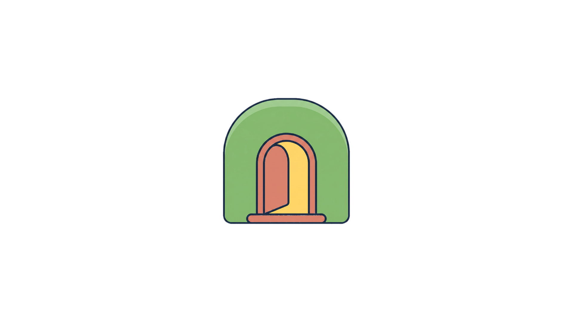 Colorful, stylized illustration of an arched doorway with a green background and a multi-colored door.