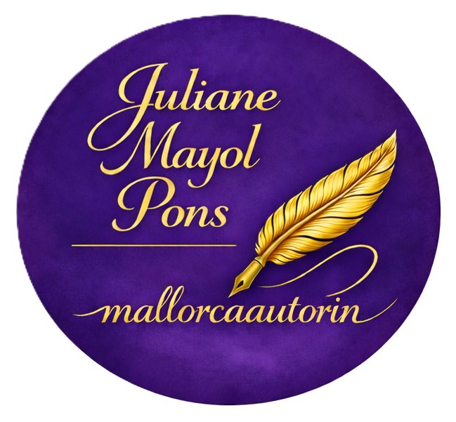 Runder Aufkleber mit lila Hintergrund, goldene Schrift und eine goldene Feder, Text: "Juliane Mayol Pons mallorcaautorin".