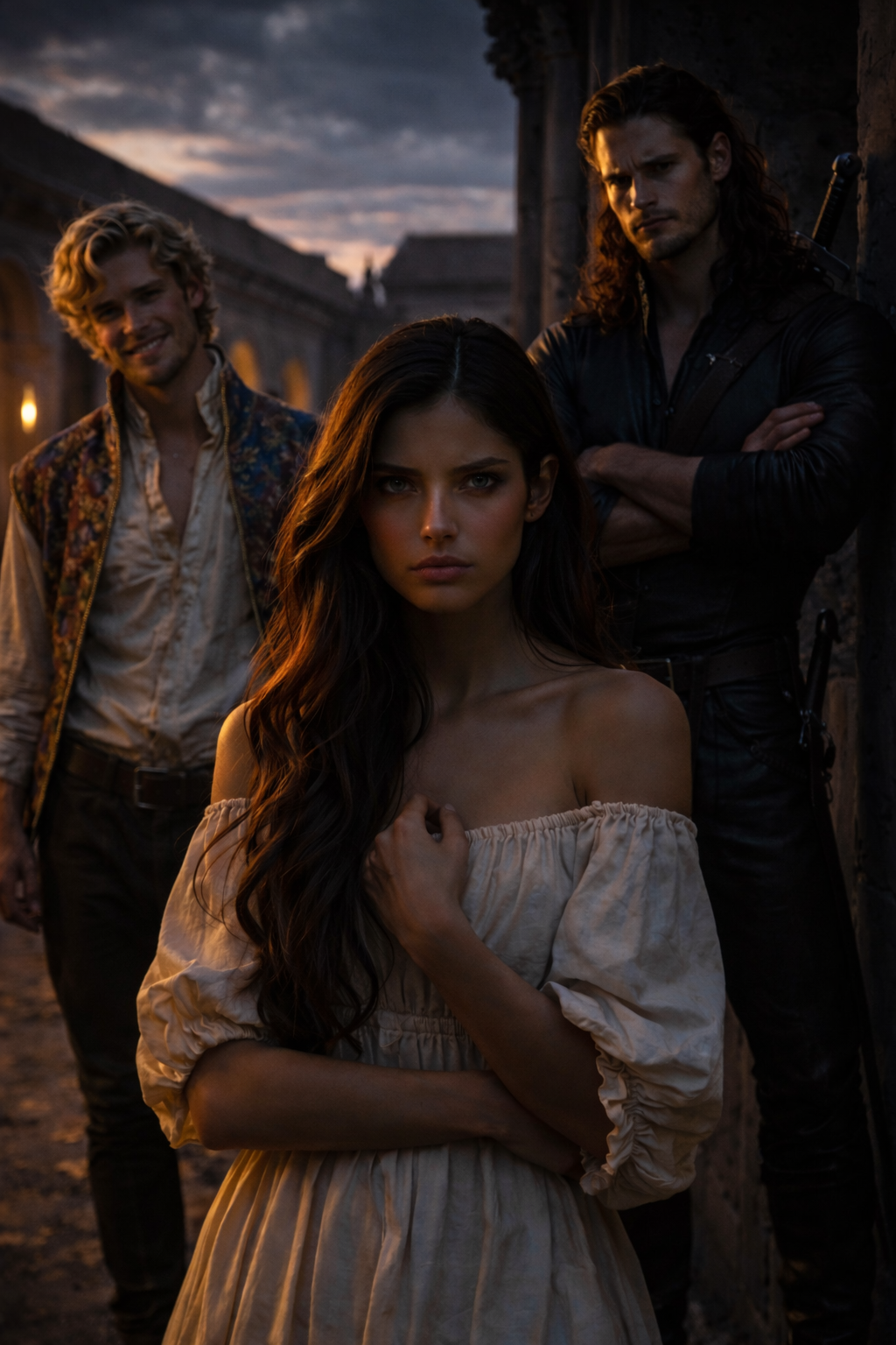 Three people standing outdoors during sunset: a woman in the front with long dark hair wearing a off-the-shoulder beige dress, a man with long wavy hair and a black leather jacket with crossed arms on the right, and a smiling man with curly blonde hair and a vest on the left.