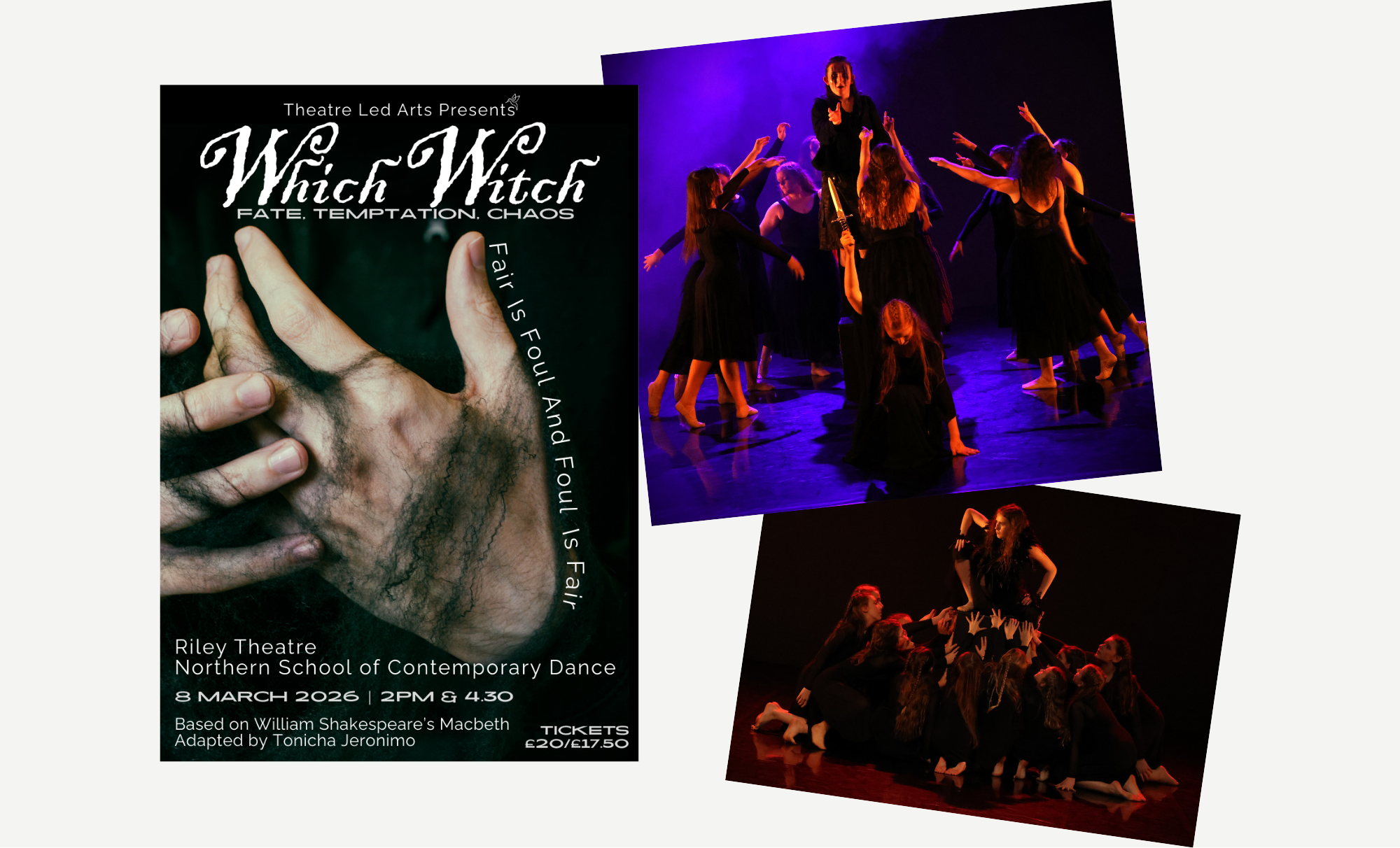 Which Witch is a dark, movement-led response to Macbeth that reclaims the witches as voices of resistance rather than villains. Combining physical theatre, music and striking visual imagery, the work explores power, hysteria and the fear of women who