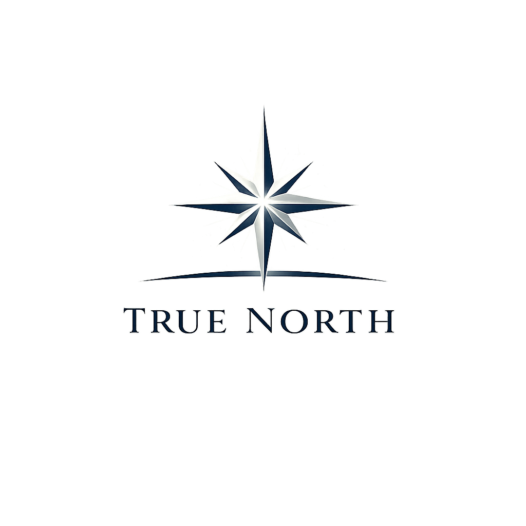 A stylized compass star with the words 'TRUE NORTH' beneath it, set against a black background
