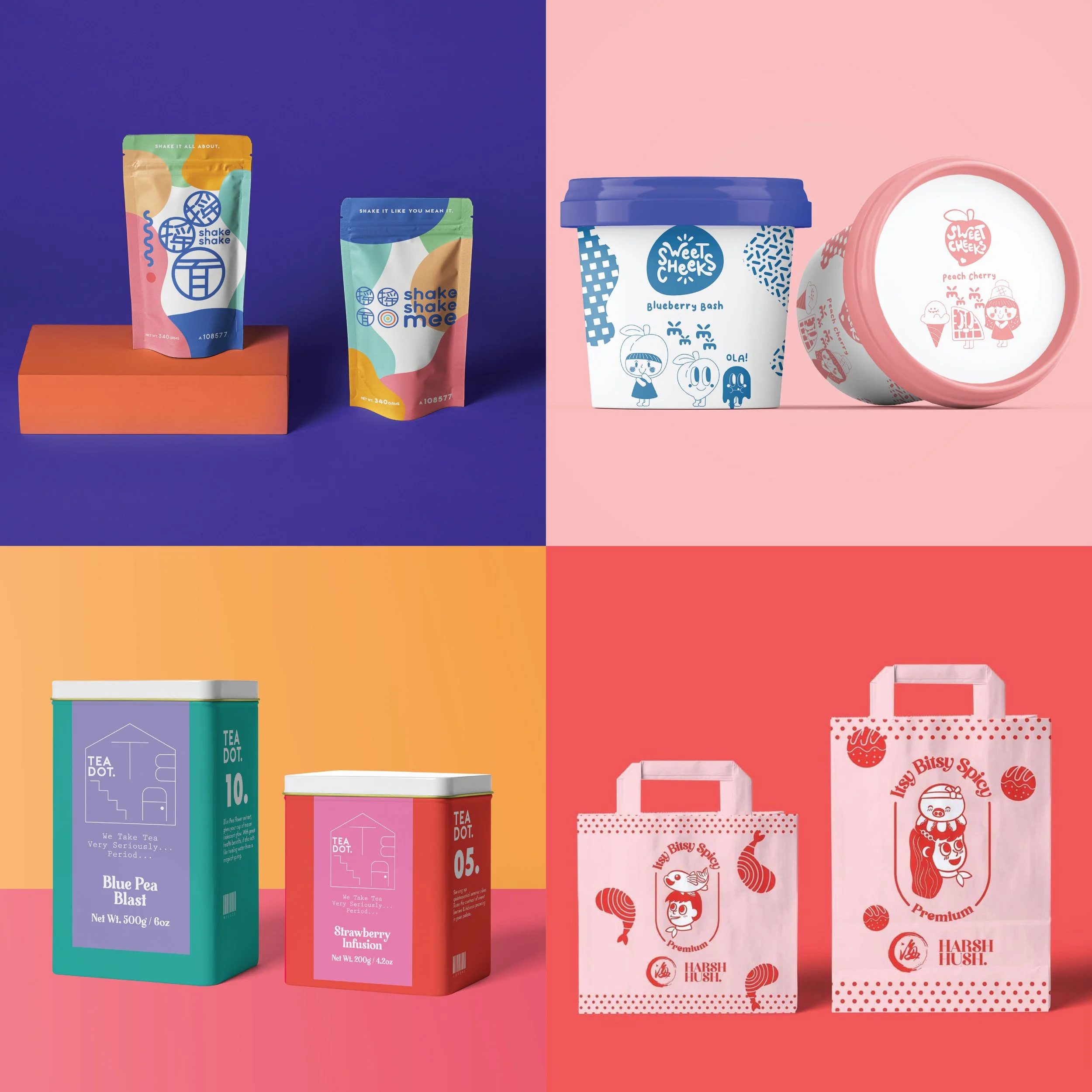 A colorful collage of four sections with different packaged food and drink products. Top left features two Shake Shake MEE snack packages on an orange platform against a purple background. Top right shows a tub of blueberry snack and a peach cherry treat container on a pink background. Bottom left displays two tea tins, one labeled Blue Pea Blast and the other Strawberry Infusion, on an orange background. Bottom right has two pink paper bags with cartoon graphics of girls and various patterns, labeled 'Lisy Bitsy Spicy' and 'Harsh Hush,' on a pinkish red background.
