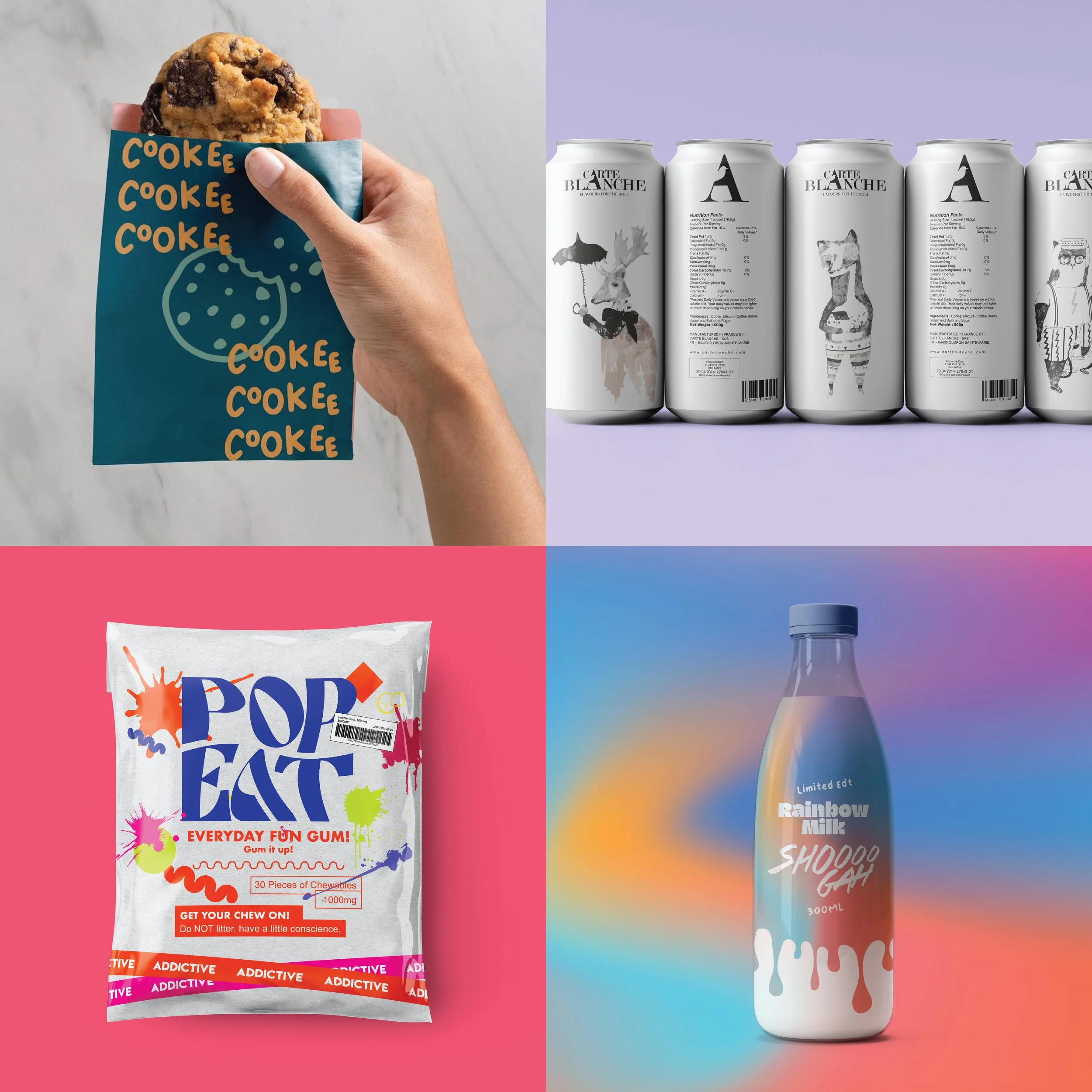 A collage of four images: top left shows a person's hand holding a cookie in a blue wrapper with "Cooke" written repeatedly; top right features a row of five cans with illustrated animal characters on a purple background; bottom left displays a white bag of chewing gum with colorful splashes and "Pop Eatz" branding on a pink background; bottom right shows a bottle of Rainbow Milk with a colorful gradient background.