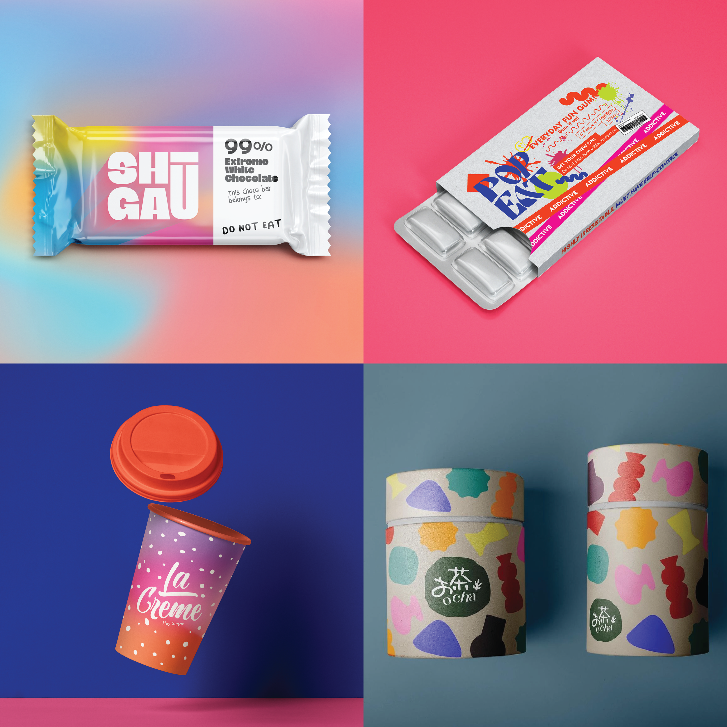 Top left: a pastel-colored candy bar wrapped in plastic with a warning label. Top right: a box of colorful tablets, partially open. Bottom left: a pink cup with an orange lid, tumbling against a blue background. Bottom right: two cylindrical containers with colorful abstract patterns and Japanese characters.