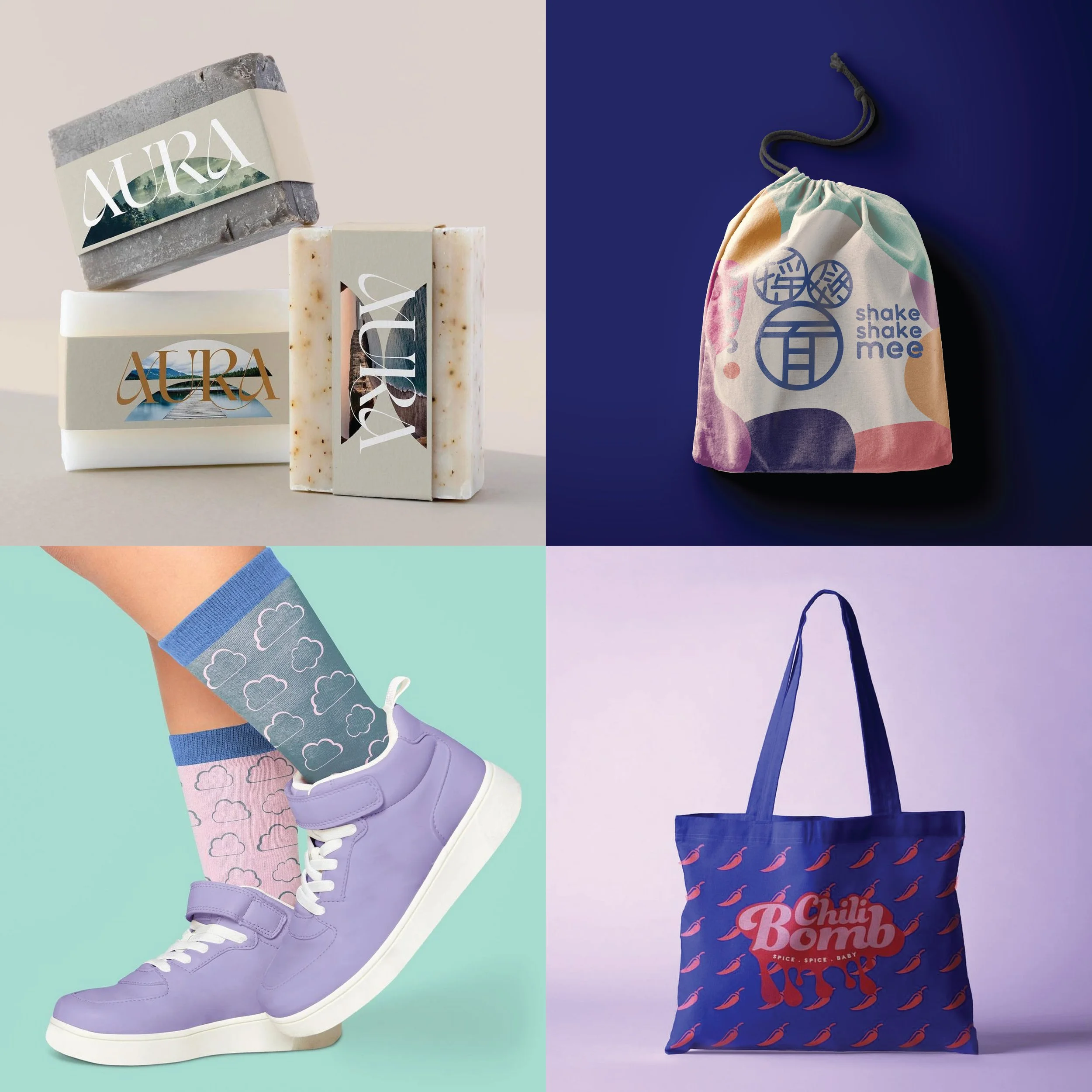 A collage of four images. The top left shows handmade soap bars with minimalist labels. The top right has a colorful drawstring bag with a logo and the text 'shake shake mee.' The bottom left features a person wearing lavender high-top sneakers with purple clouds socks. The bottom right displays a blue tote bag with a chili pepper pattern and the text 'Chili Bomb' in red.