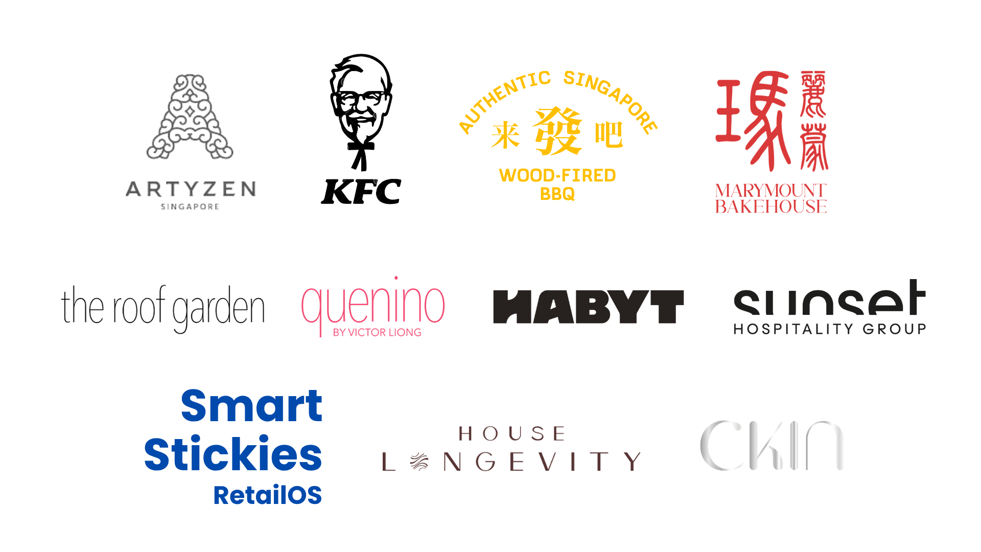 A collage of various restaurant and hospitality logos, including ArtYzen Singapore, KFC, Authentic Singapore Wood-Fired BBQ, Marymount Bakehouse, The Roof Garden, Queno Victor Liong, Habyt, Sunset Hospitality Group, Smart Stickies Retails, House Longevity, and Ckin.