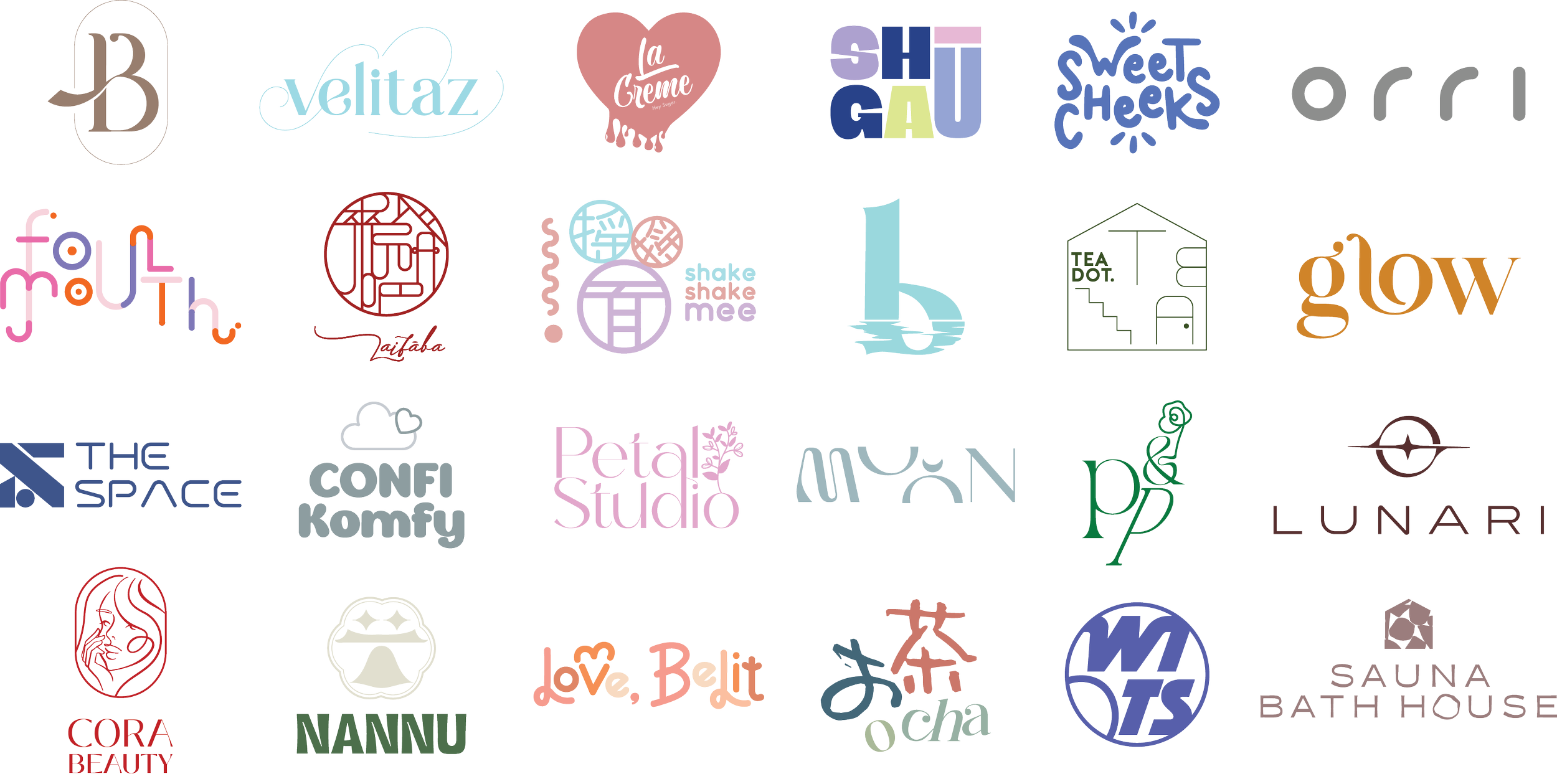 A collection of various colorful logos for different brands or businesses, including names and symbols.