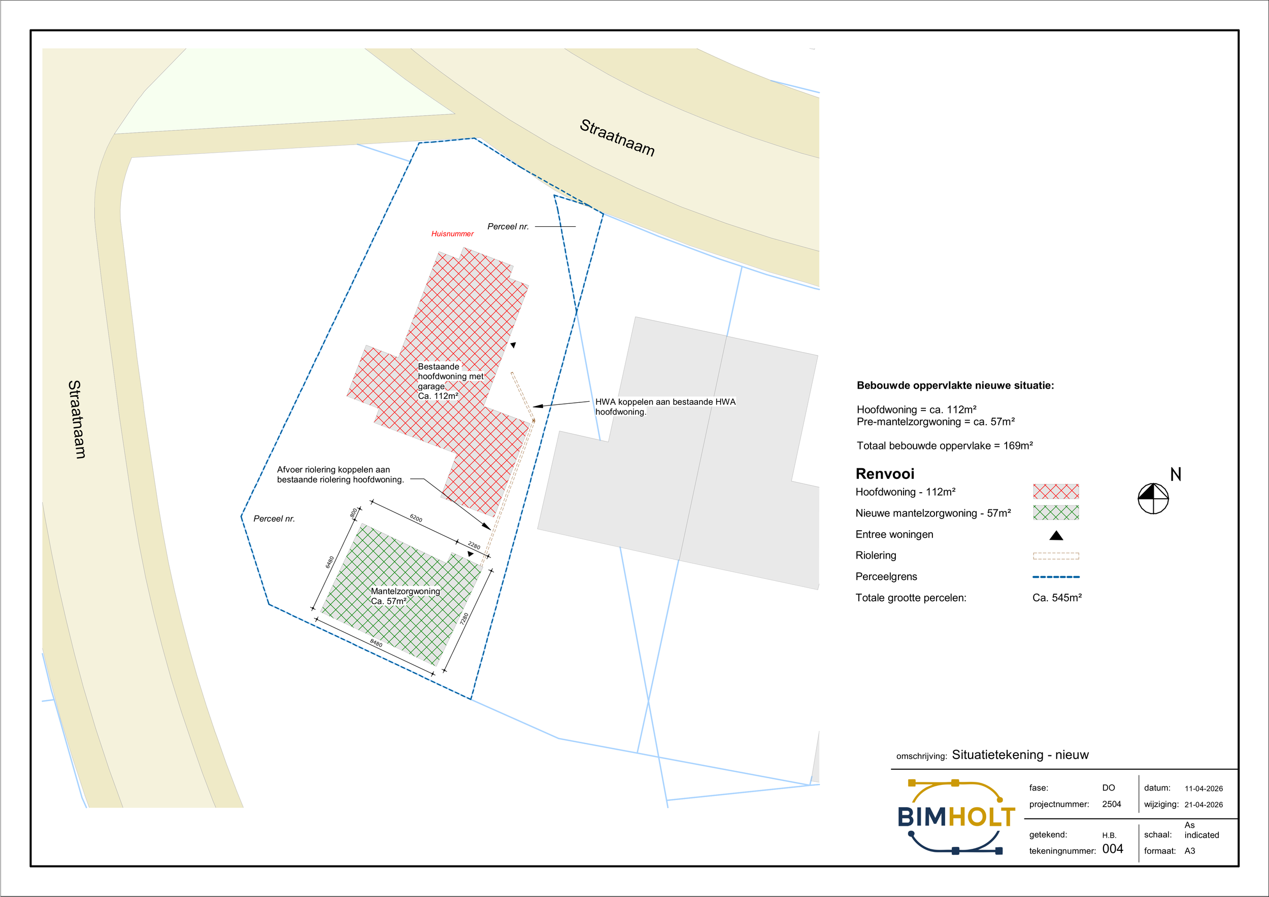 Technisch ontwerp voor de verbouwing van een woning, inclusief indeling, afmetingen en nieuwe situatietekening.