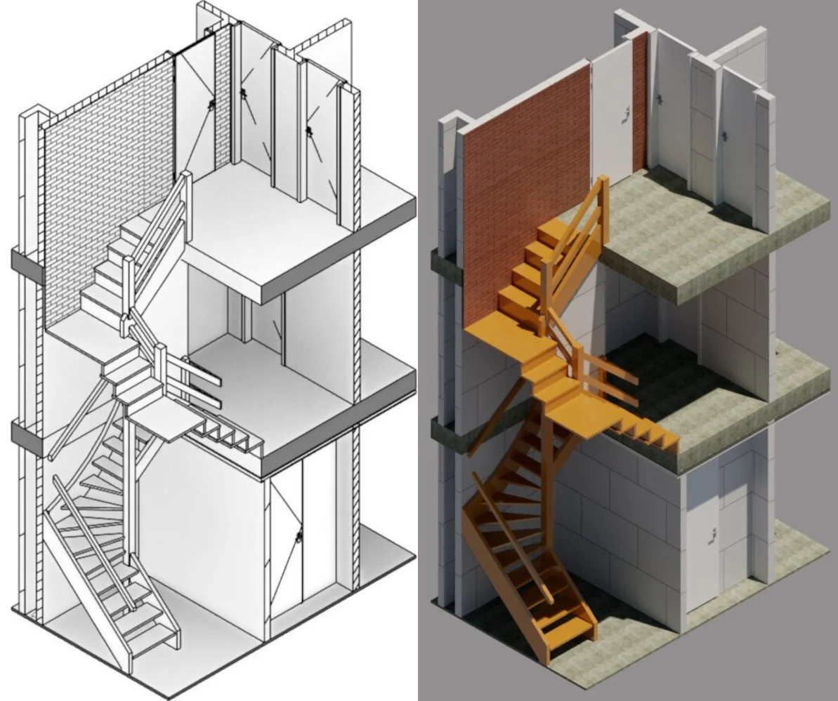 Vergelijking van een schets en een realistische digitale visualisatie van een trappenhuis in een gebouw, met houten trap en muurafwerkingen.