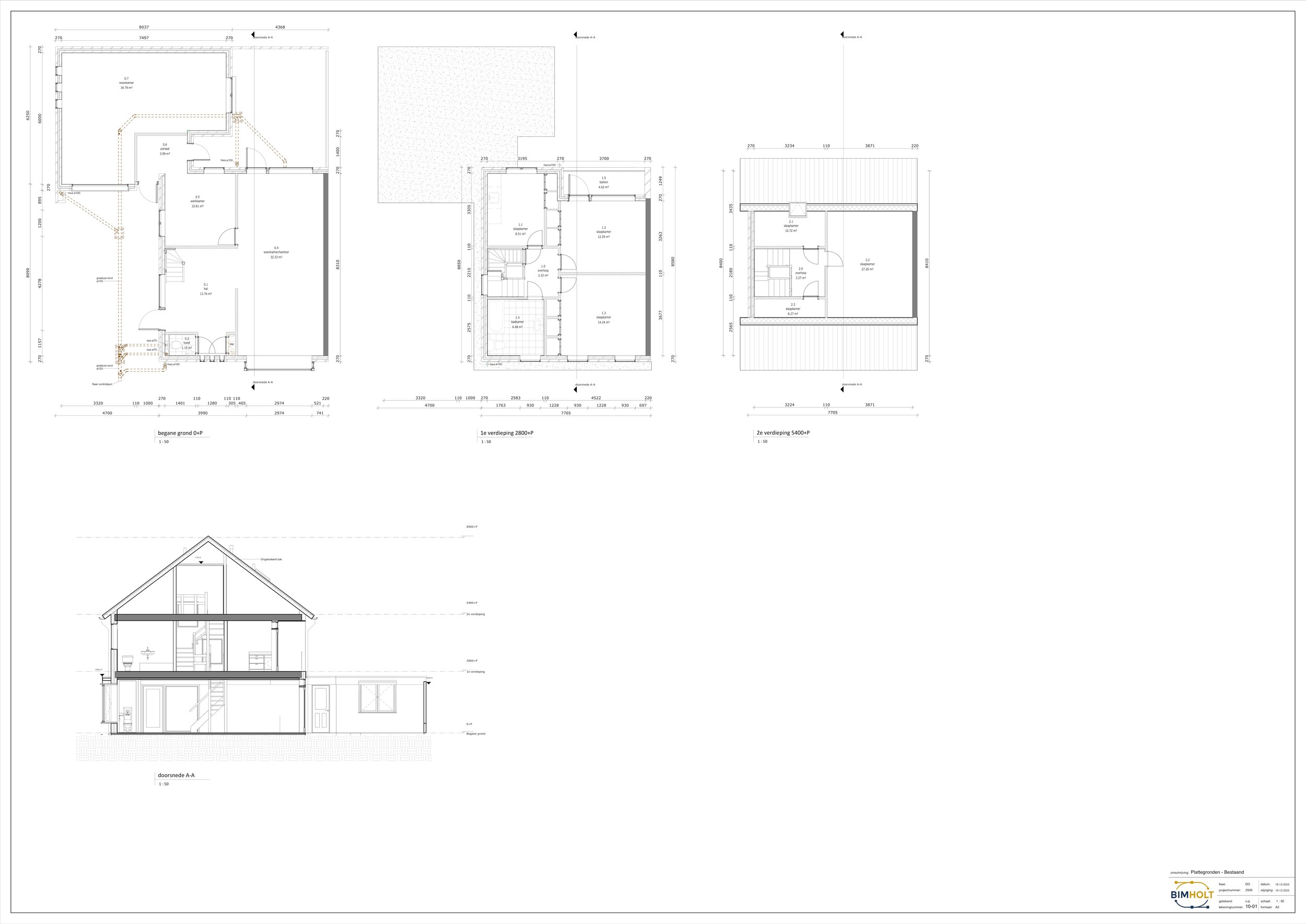 Bouwkundige opname van de bestaande woning met alle verdiepingen en een doorsnede als basis voor de woningsplitsing.