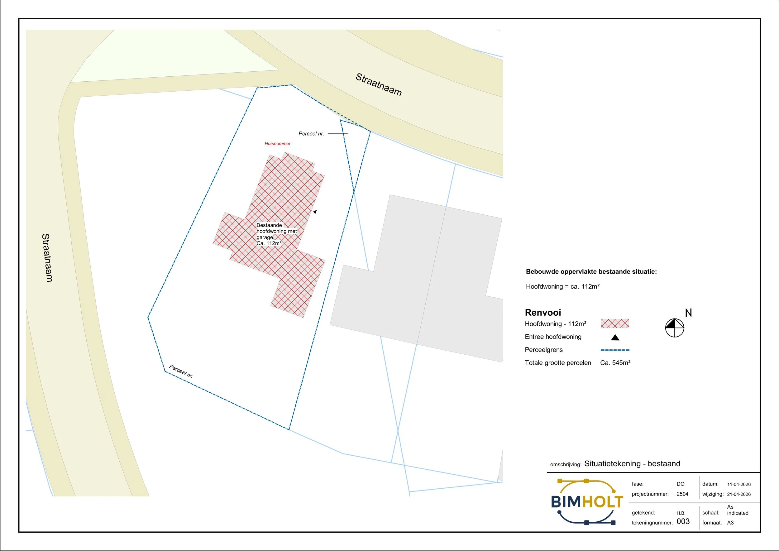 Overzicht van de bestaande perceelsituatie met kadastrale gegevens, bebouwing en perceeloppervlaktes.