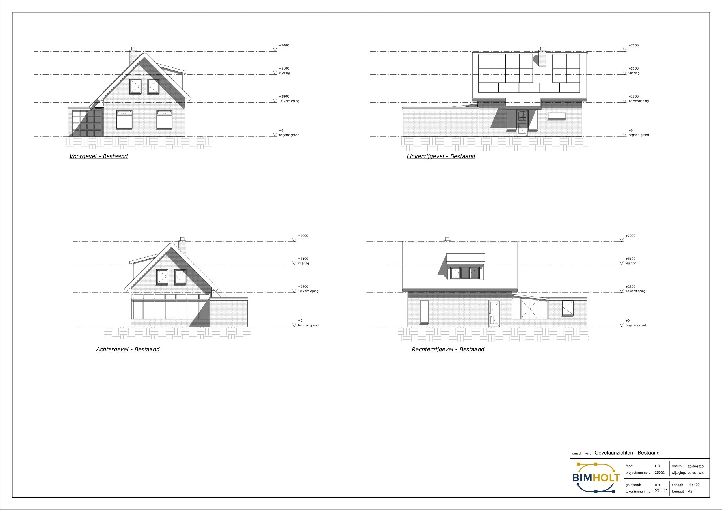 Overzicht van alle gevels van de bestaande woning inclusief garage en serre voorafgaand aan de verbouwing.
