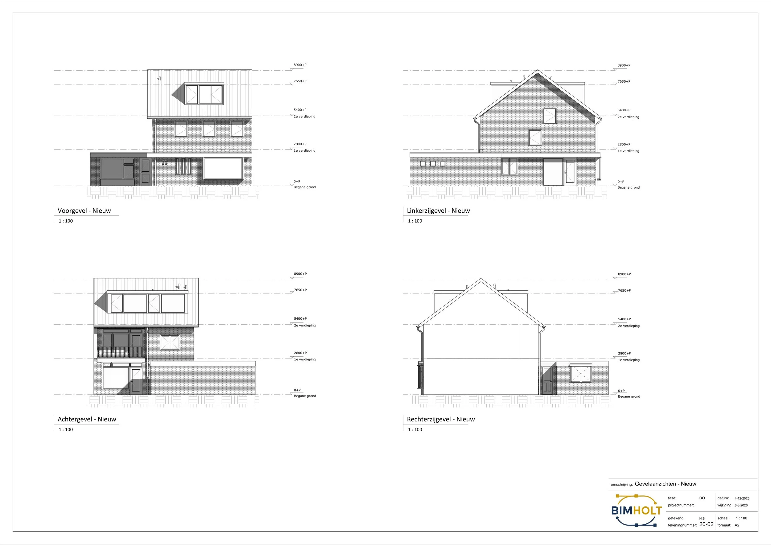 Architectuurtekeningen van een nieuw huis, zowel voor-, achter- als zijkanten, met afmetingen en bouwdetails.