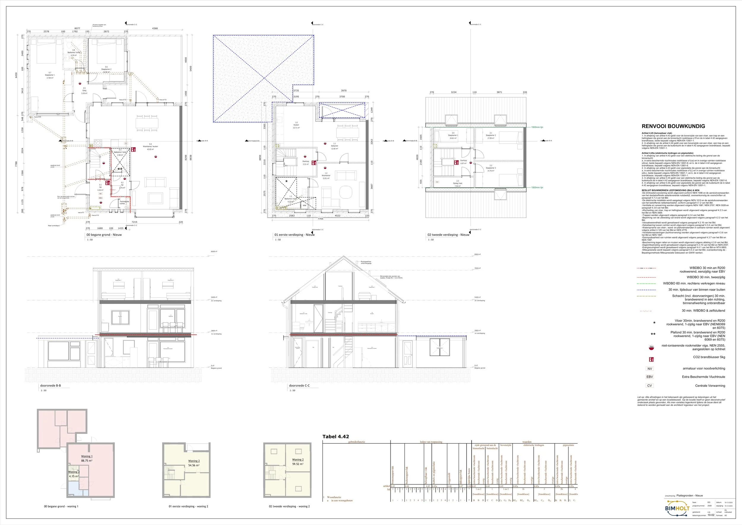 Uitgebreide bouwtekening van een huis met plattegronden, snedes en technische details.