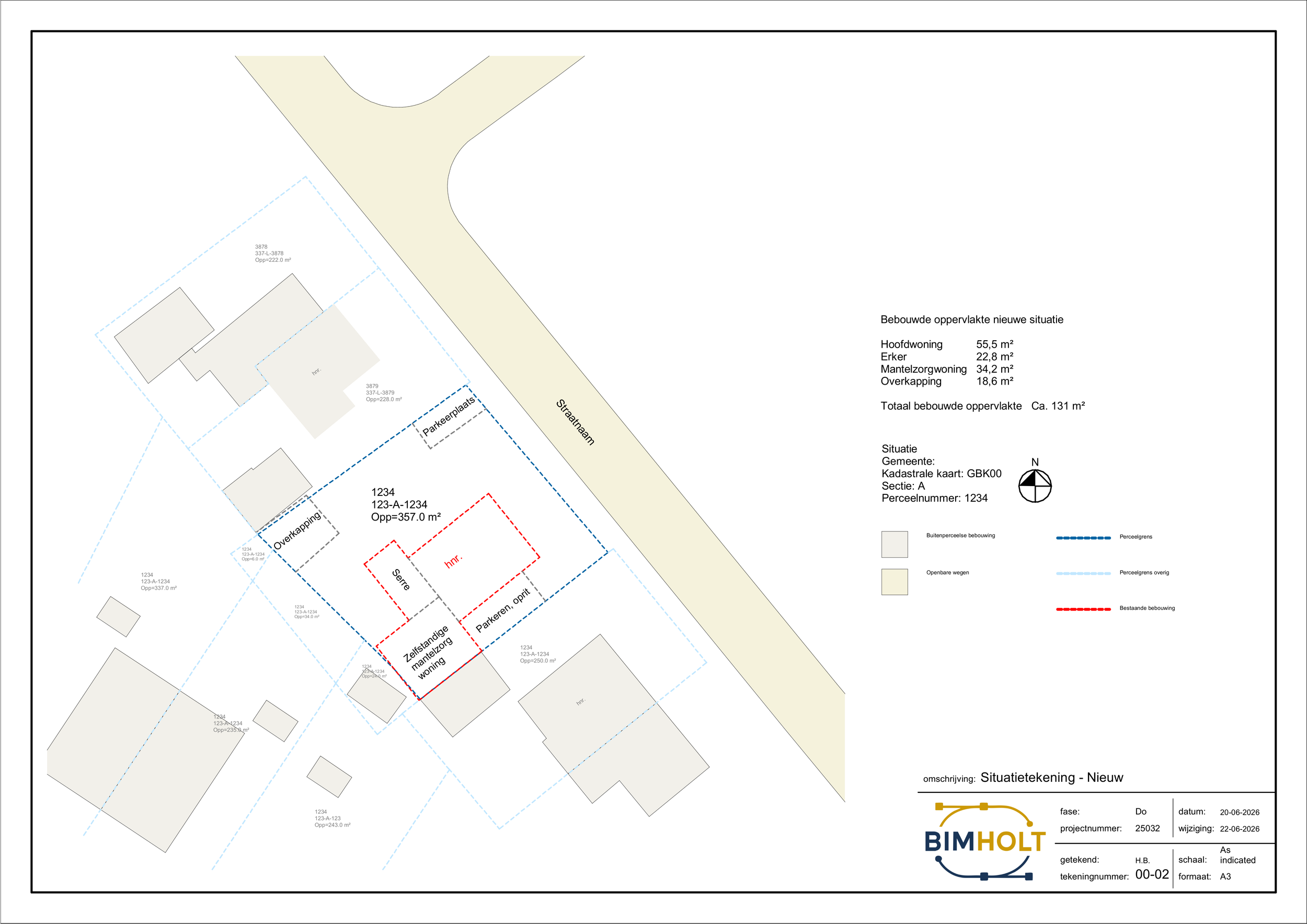 Nieuwe perceelsindeling met zelfstandige woonunit, aangepaste bebouwing en parkeervoorzieningen.
