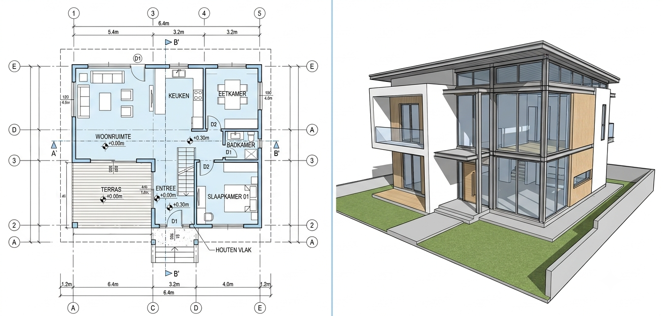 Plattegrond van een modern huis met een 3D-uitsnede van de buitenkant, inclusief grote glazen oppervlakken en een terras.