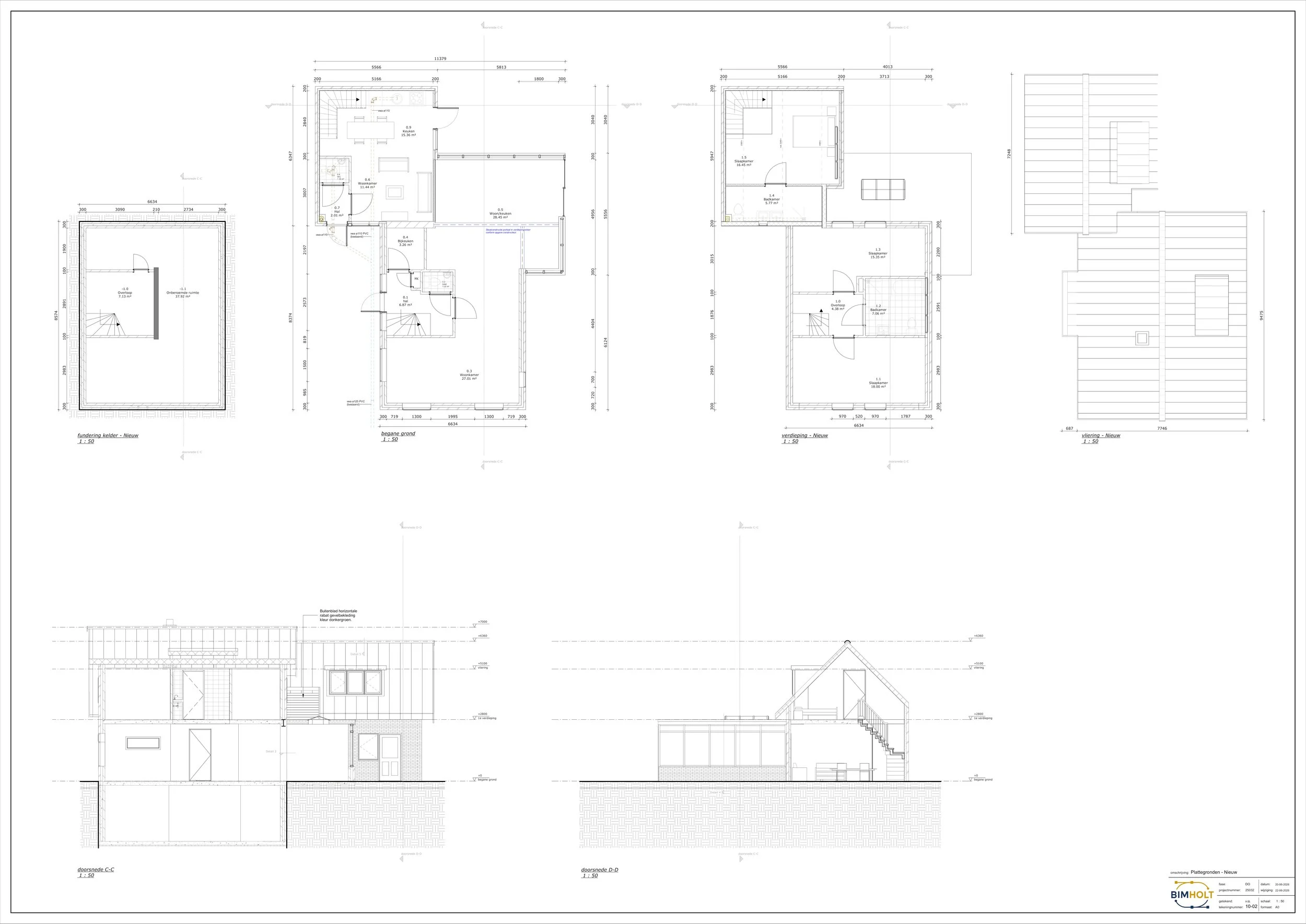 Schets van een gebouw met plattegronden, zijaanzichten en secties, technisch ontwerp voor een bouwproject.