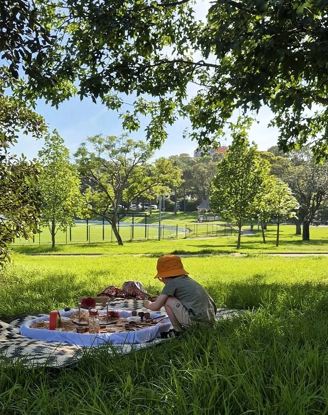 Child with orange hat sitting on grass in a park, having a picnic on a blanket with food and flowers, under a tree on a sunny day.