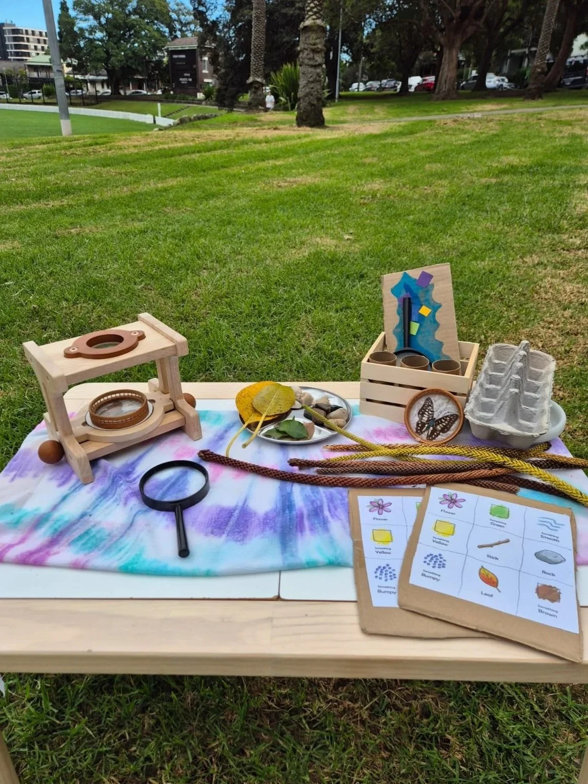 Term 3 play and sensory materials on a colourful mat — wooden tools, magnifying glass and nature discovery cards on grass