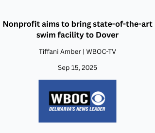Screenshot of a news headline about a nonprofit opening a swim facility in Dover, dated September 15, 2025, with a WBOC-TV logo.