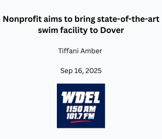 Headline about a nonprofit aimed at building a state-of-the-art swim facility in Dover, with details of the organization, date, and radio station logo.
