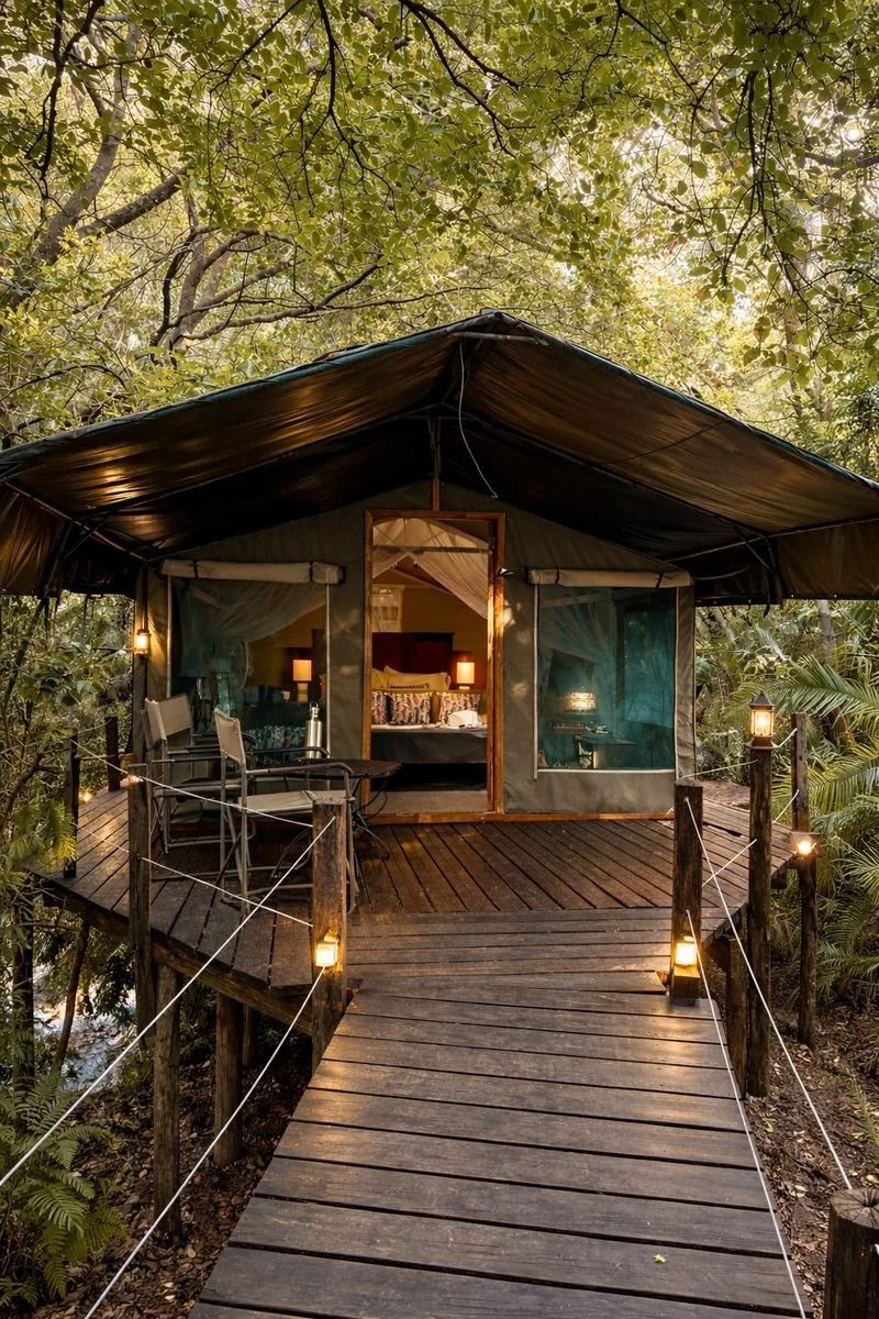 Glamping at the lodge. A wooden deck entrance, surrounded by lush green trees and plants, illuminated by lanterns at dusk.