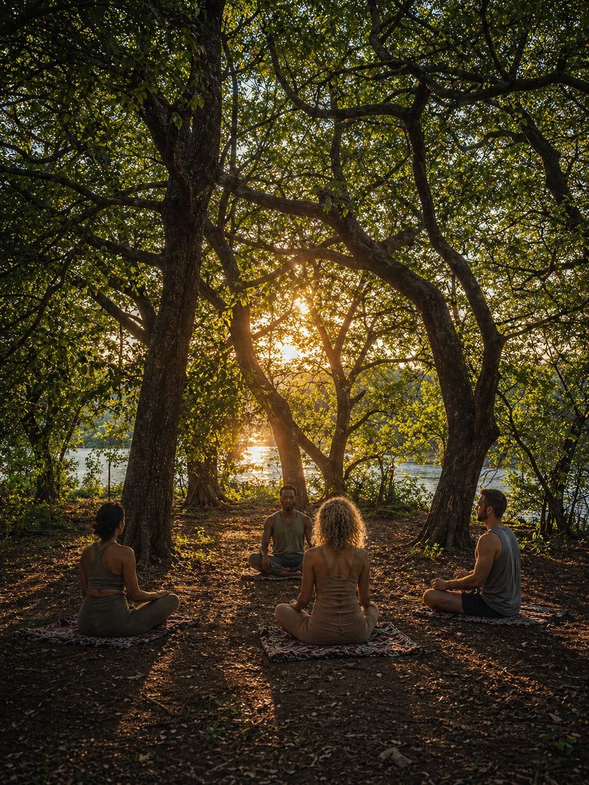 Four people practicing yoga or meditation seated in a circle under trees near a river at sunset.